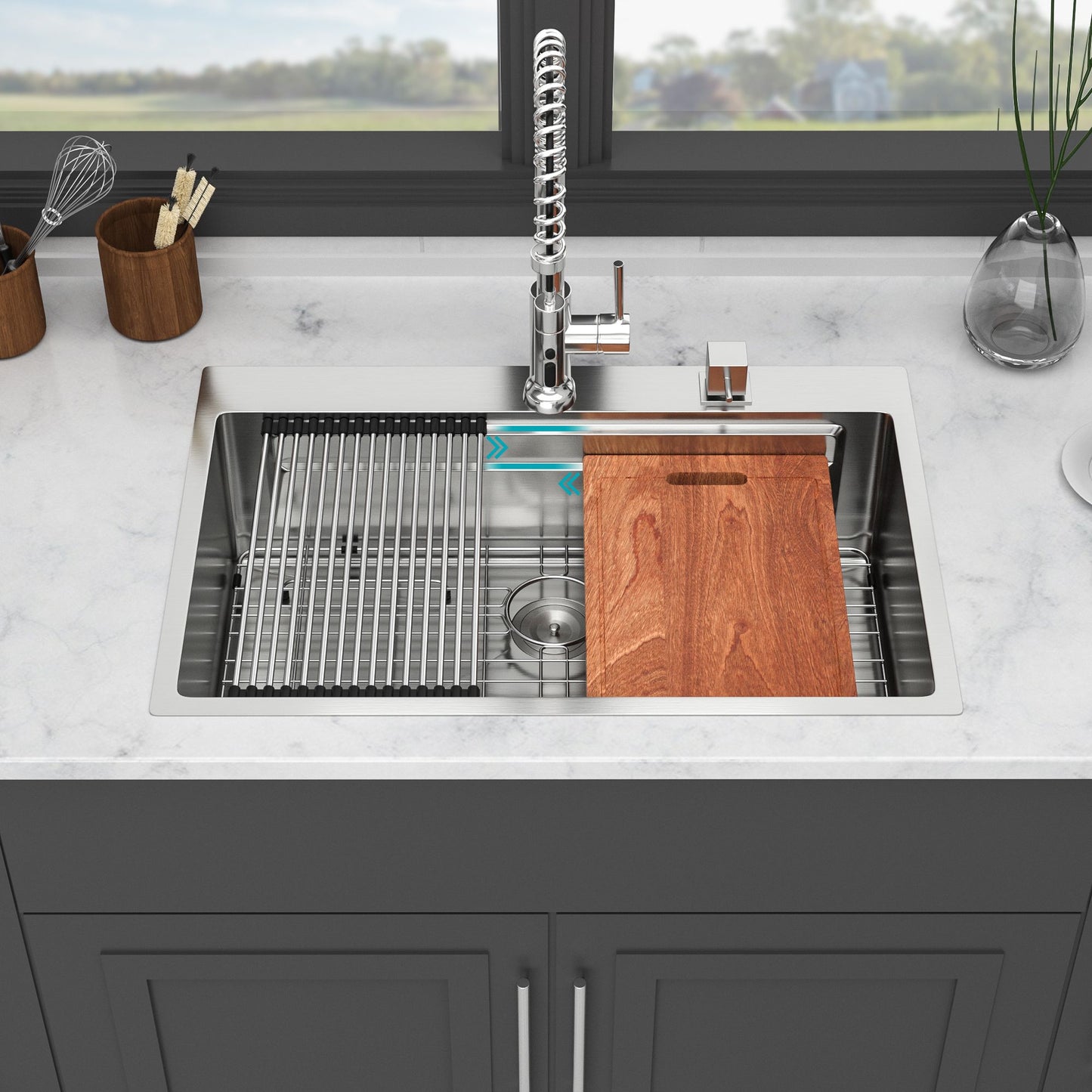 Tatayosi 33 Inch Drop in Kitchen Sink - 33x22 inch Kitchen Sink Drop-in Topmount Single Bowl 16 Gauge Stainless Steel Ledge Workstation Kitchen Sinks