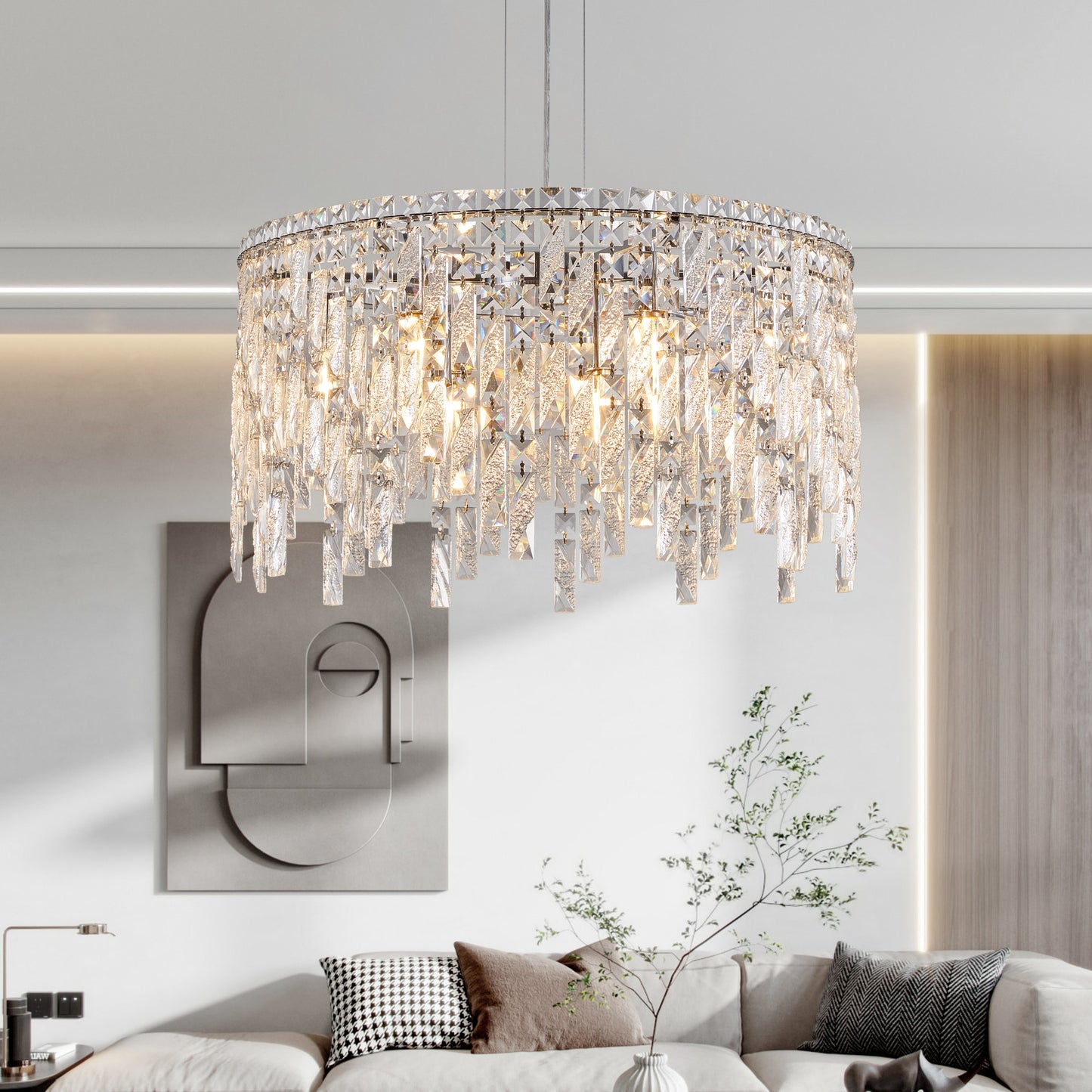 Tatayosi 24 inches Luxurious Round Silver Crystal Chandelier Contemporary Rectangular Pendant Light for Dining Room Living Room and Grand Foyers (Bulbs Not Included)
