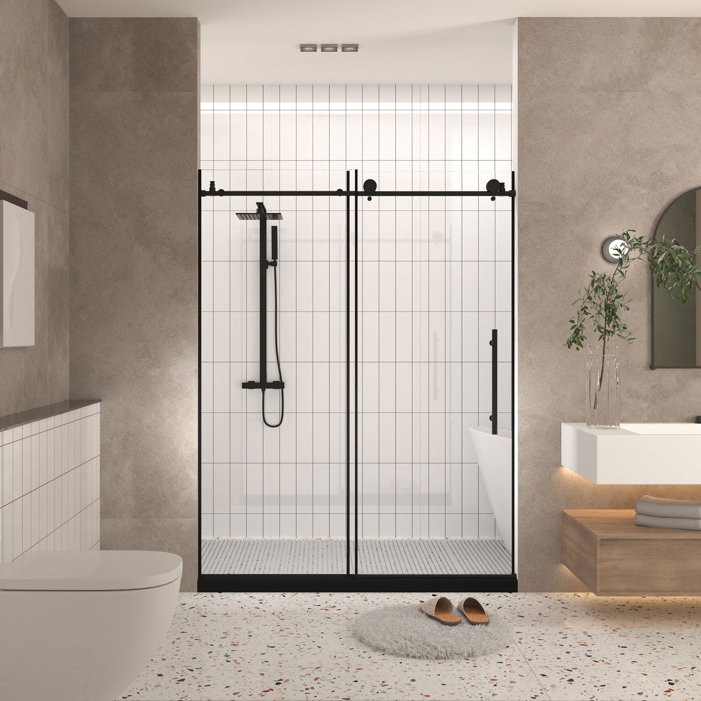 GDFStudio Atkinson Modern 72-inch Tall Frameless Clear Tempered Glass Sliding Shower Door with Stainless Steel Handle-Matte Black