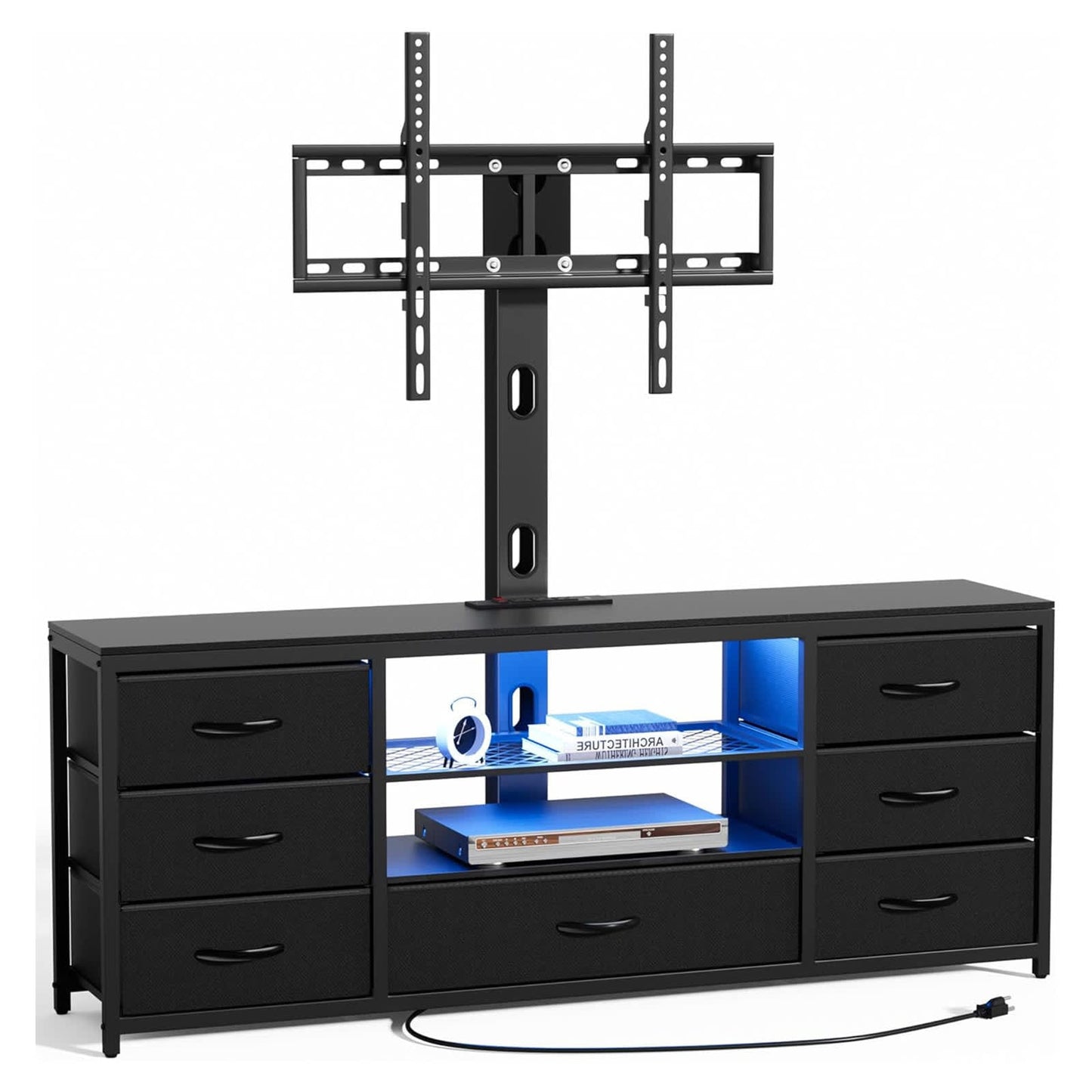 Etokfoks Universal TV Stand with Mount 7 Fabric Drawers LED Lights Power Outlets Open Shelves for 32 to 70 Inch TVs Black Media Console