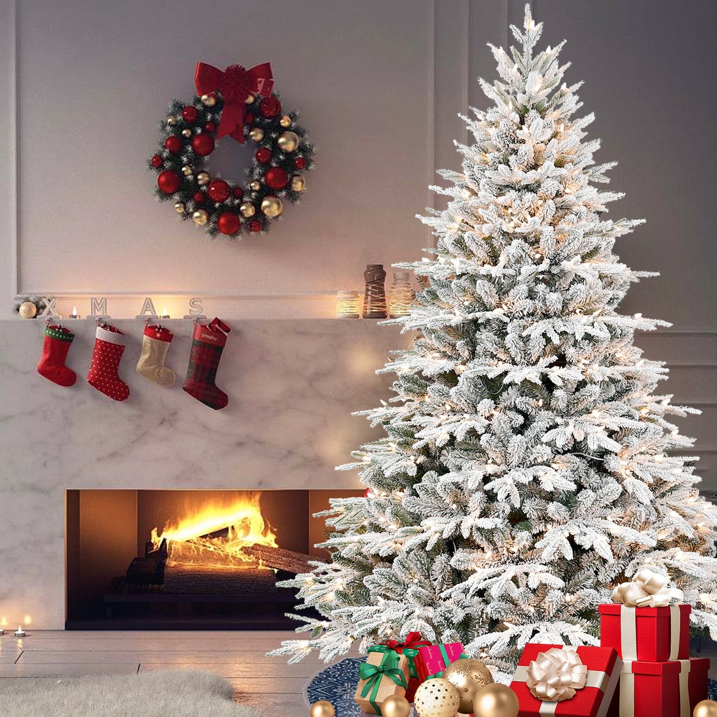 REIBII 6.5ft Pre-Lit Flocked Artificial Christmas Tree with 2225 Branch Tips 450 Warm White Lights Snowy Hinged Pine Memory Wire Branches Foldable Stand