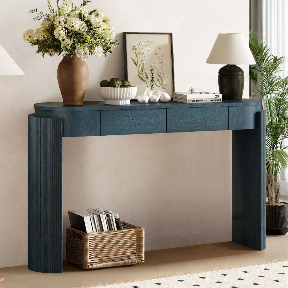 Coolbibila 55 Inch Blue Oval Console Table with Fluted Legs and Two Drawers Natural Wood Grain Entryway Table