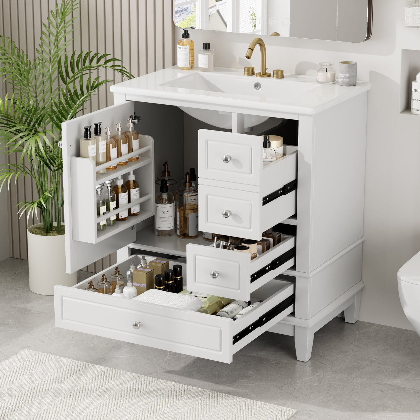 ModernLuxe 30inch Bathroom Vanity with Sink One Door with Shelf and Three Drawers Soft Close Door White