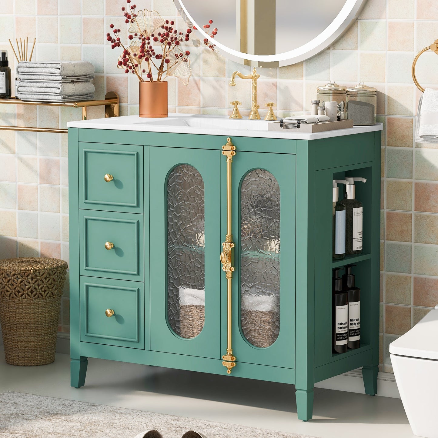 GDFStudio 36-inch Bathroom Vanity with 2 Soft Close Doors Solid Wood Frame Modern Bathroom Storage Cabinet with 3 Drawers