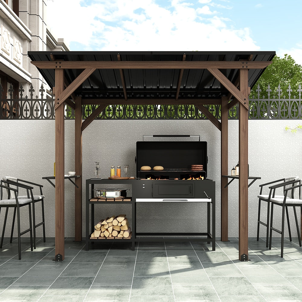 Homsee 8x5ft Cedar Wood Patio Grill Gazebo with Galvanized Steel Roof and Spacious Workbenches for Outdoor Cooking and Entertaining