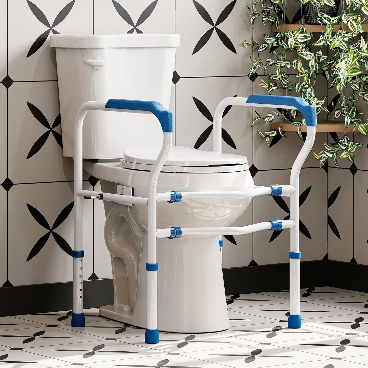 HOROW 19 in. Tall 2-Piece 1.28 GPF Single Flush Round Toilet with 30.31 in. Toilet Safety Rail with Adjustable Height in White