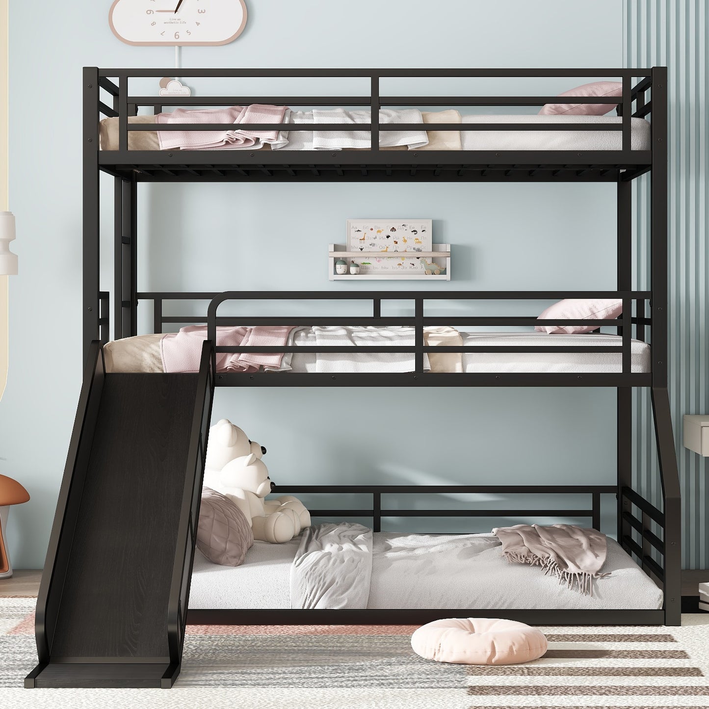 GDFStudio Nita twin over twin over full bunk bed with slide metal triple bunk heavy duty noise reduced in black