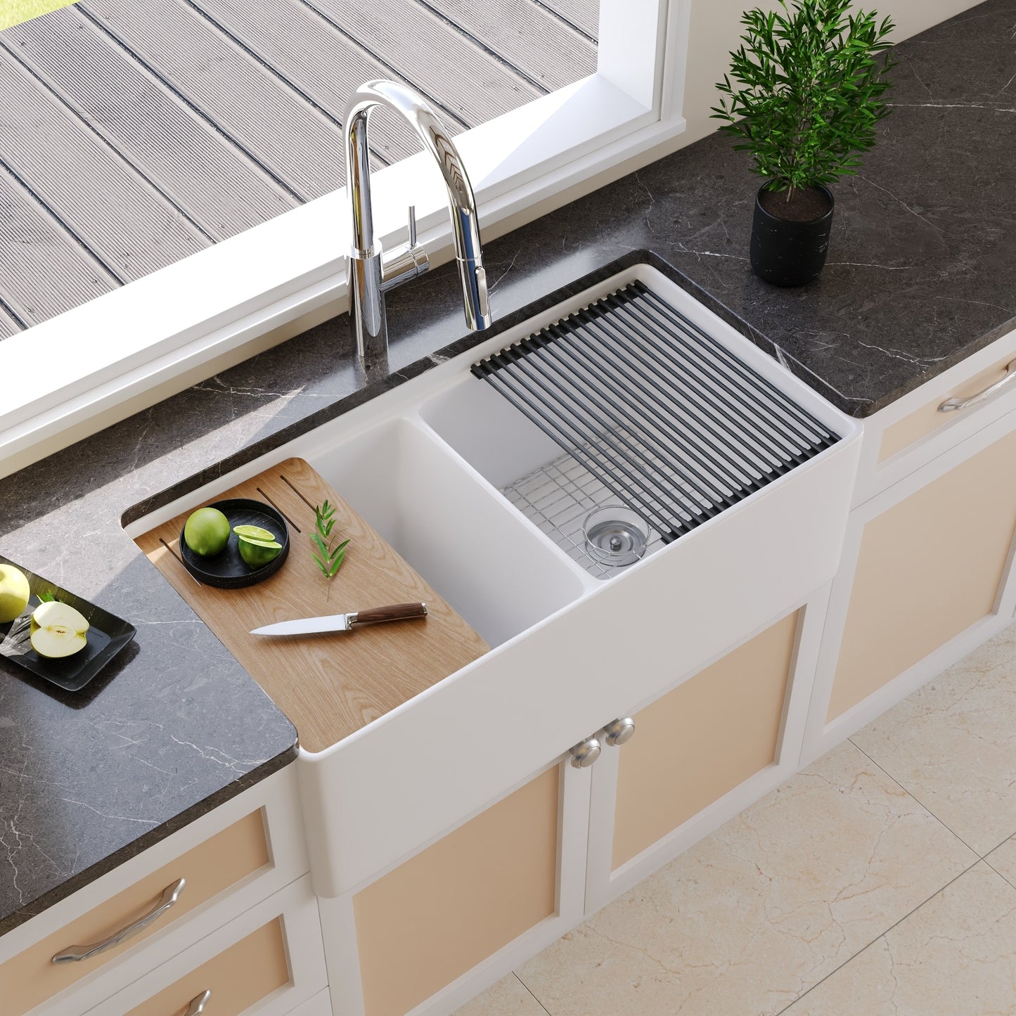 DeerValley Nova Farmhouse apron front 33-in x 20-in Fireclay Double equal bowl Workstation Kitchen Sink