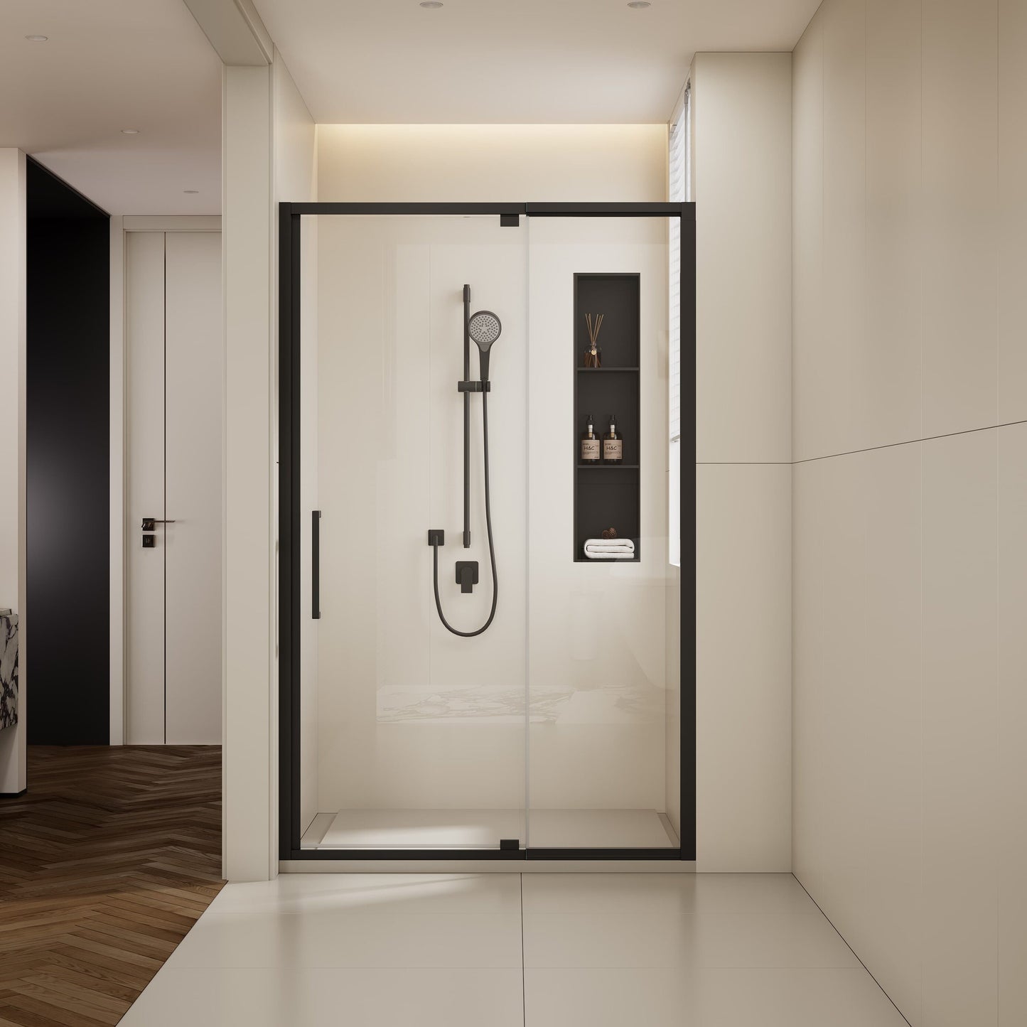 Misty Moon 44-48 Inch-W x 72 Inch-H Scalable adjustable frame Shower Door with 0.25 Inch Clear SGCC Tempered Glass Transparent safety film for glass Aluminium Alloy Matte Black Finish Reversible Installation