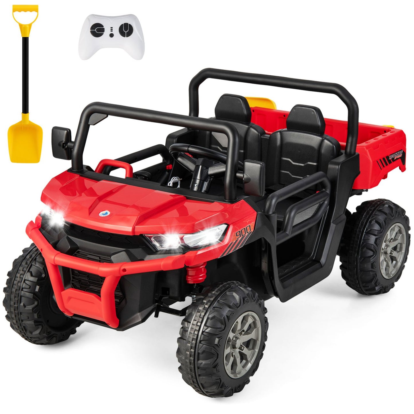 Costway 24V Ride on Dump Truck Electric 2-Seater Kids UTV with Dump Bed and Bight Lights and Remote Control Red