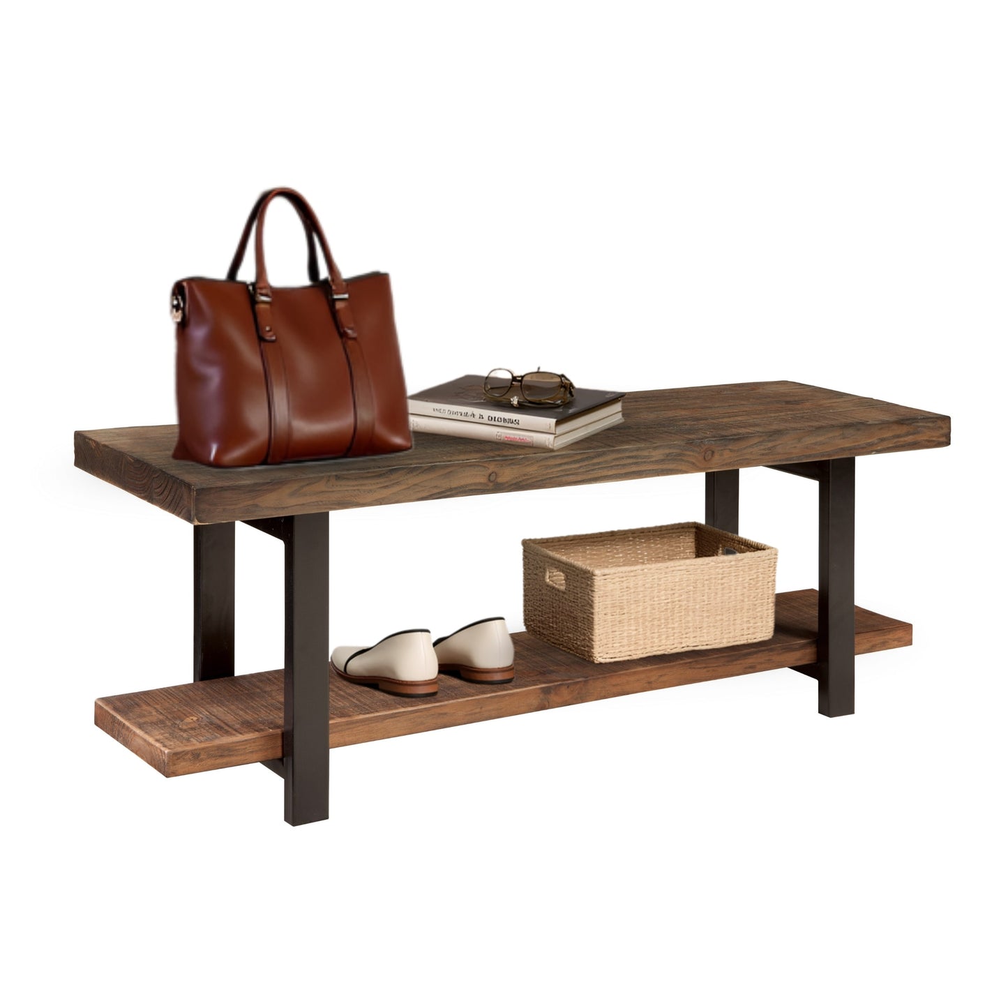 Alaterre Furniture Pomona Entryway Storage Bench with Shelf Industrial Natural Accent Bench 48-in x 14-in x 18-in