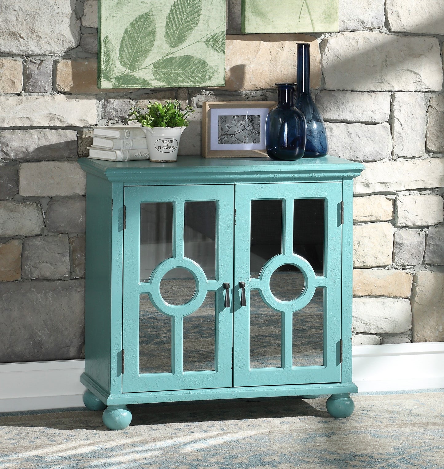 LOVMOR Classic Modern Traditional Accent Chest Storage Cabinet Mirror Doors Antique Aqua Pendant Pulls