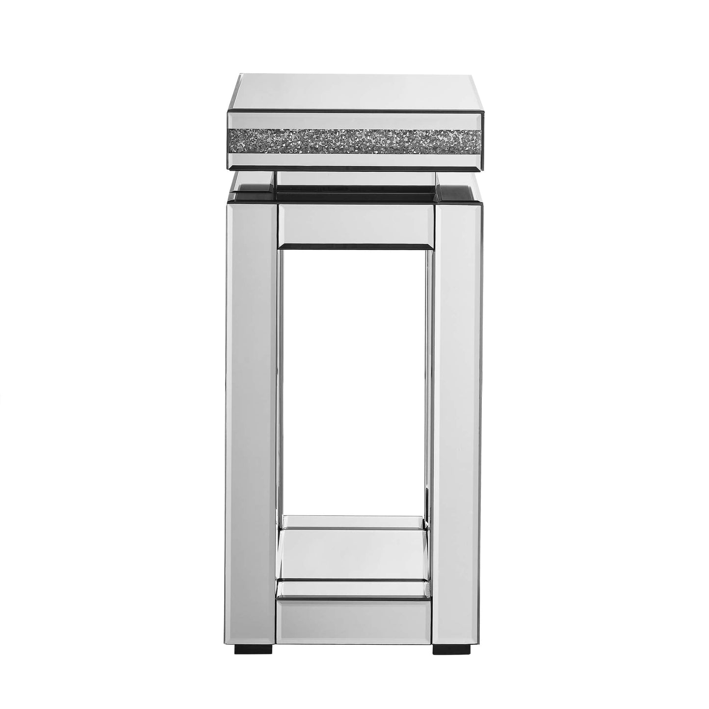 Vynxaria Silver Square MDF Indoor Accent End Table 2-Tier with Mirrored Top Crystal Inlay Storage 11x11x26 Inch