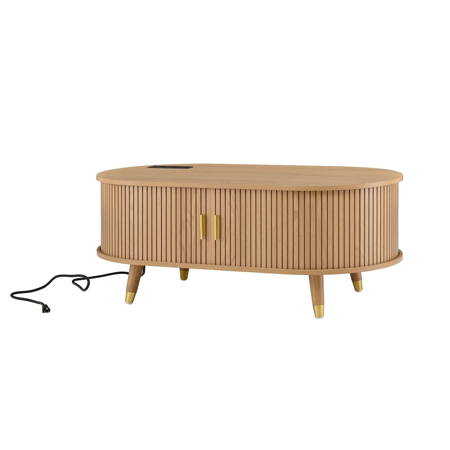 Vynxaria Natural Teak Oval MDF Indoor Coffee Table 42x22x17 Inch Mid-Century Charging Station Sliding Door