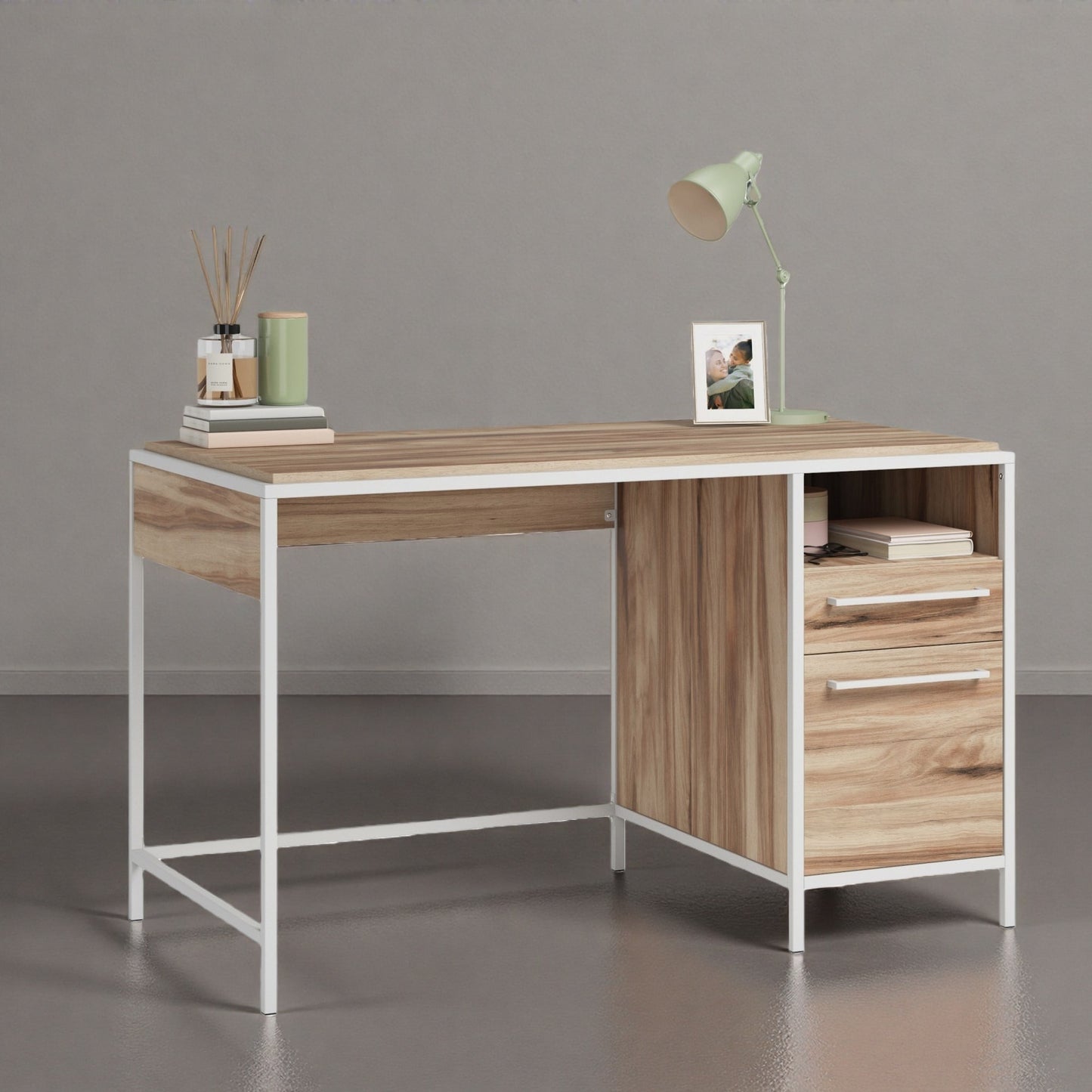 GlasFlength Modern Office Desk Computer Desk with Drawer Sturdy Legs Work Table for Study Home Furniture Wide Desktop Light Brown