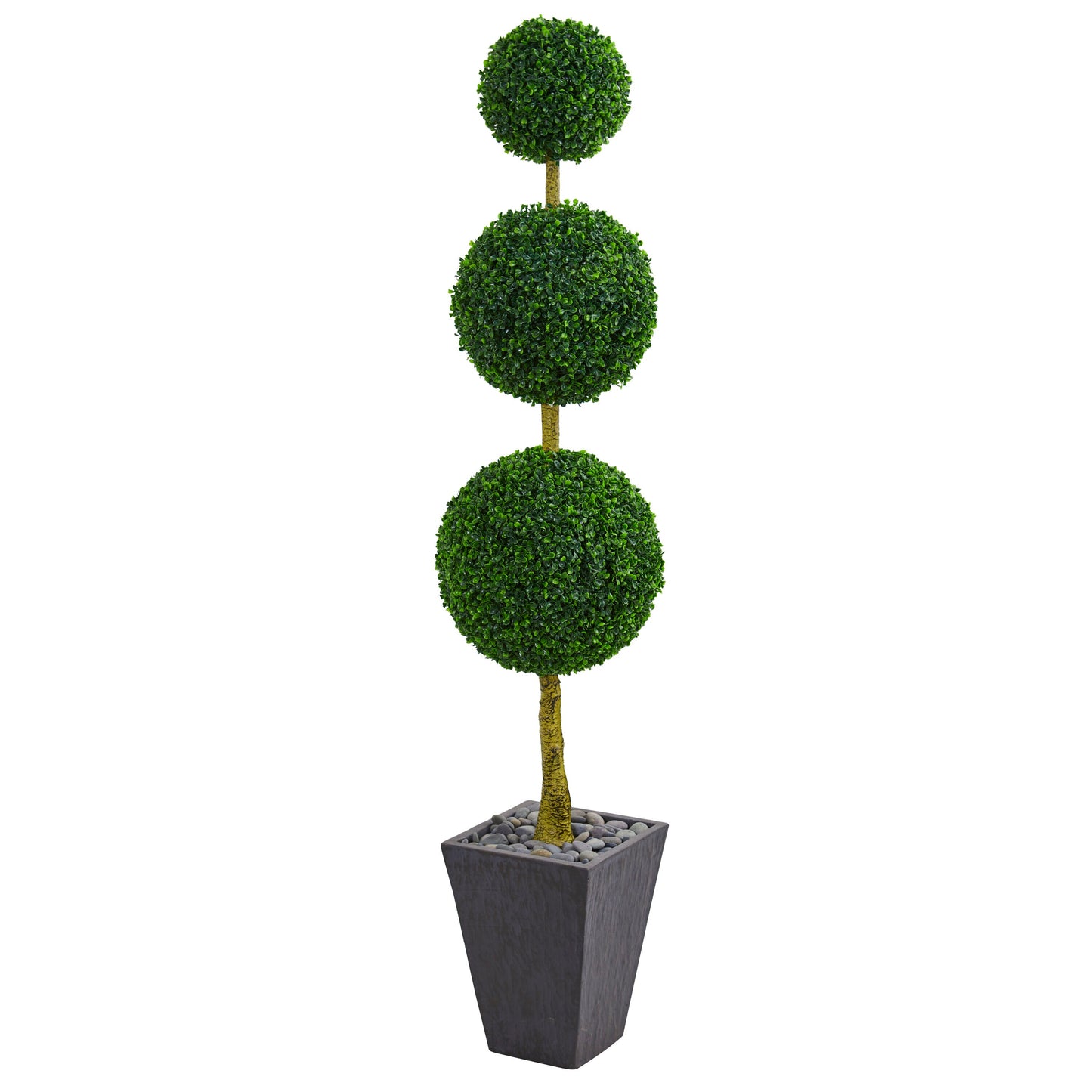 Nearly Natural 6-ft Boxwood Triple Ball Topiary Artificial Tree in Slate Planter UV Resistant (Indoor/Outdoor)