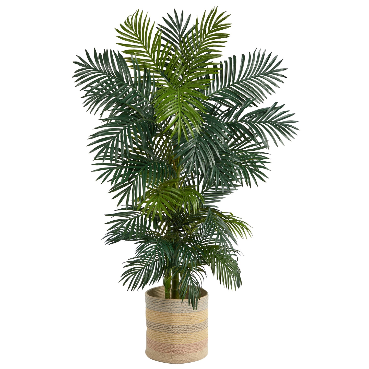 Nearly Natural 6.5-ft Golden Cane Artificial Palm Tree in Handmade Natural Cotton Multicolored Woven Planter