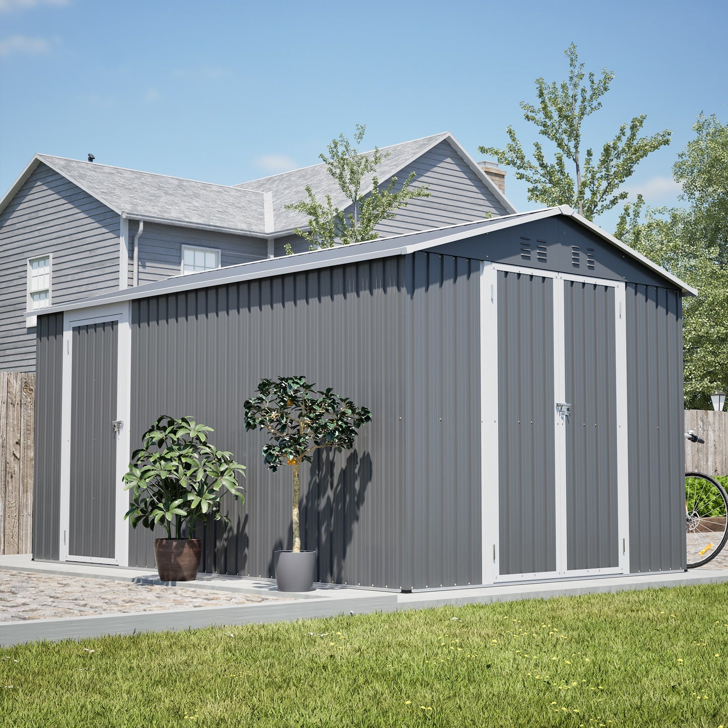 LOVMOR 8x12 FT Grey Outdoor Metal Storage Shed with Side Door 2 Lockable Doors Aluminum Frame