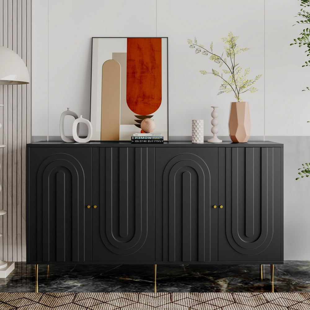 GlasFlength Matte Black Modern 4 Door Wooden Cabinet Sideboard Buffet Server Storage Cabinet for Living Room Entryway Hallway Office Kitchen and Dining Room