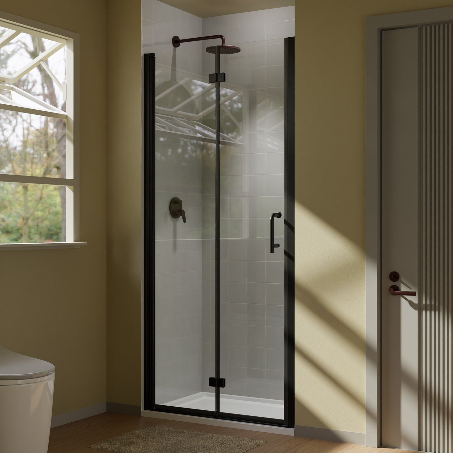 WELLFOR EX Small Bifold Shower Door Matte Black 34-in to 35-1/2-in W x 72-in H Semi-frameless Clear Glass Bifold Shower door