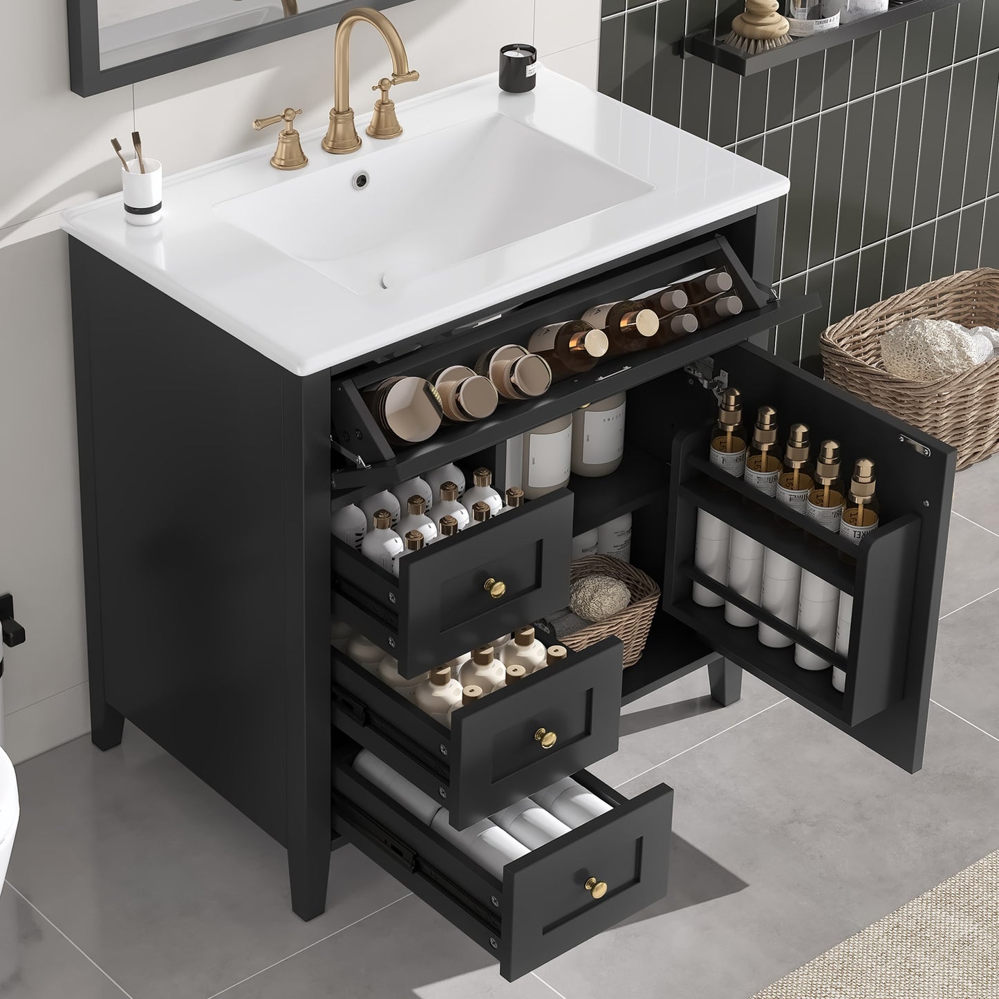 GDFStudio Aurelia Modern Wood Freestanding 30-inch Bathroom Vanity with Ceramic Sink–Black