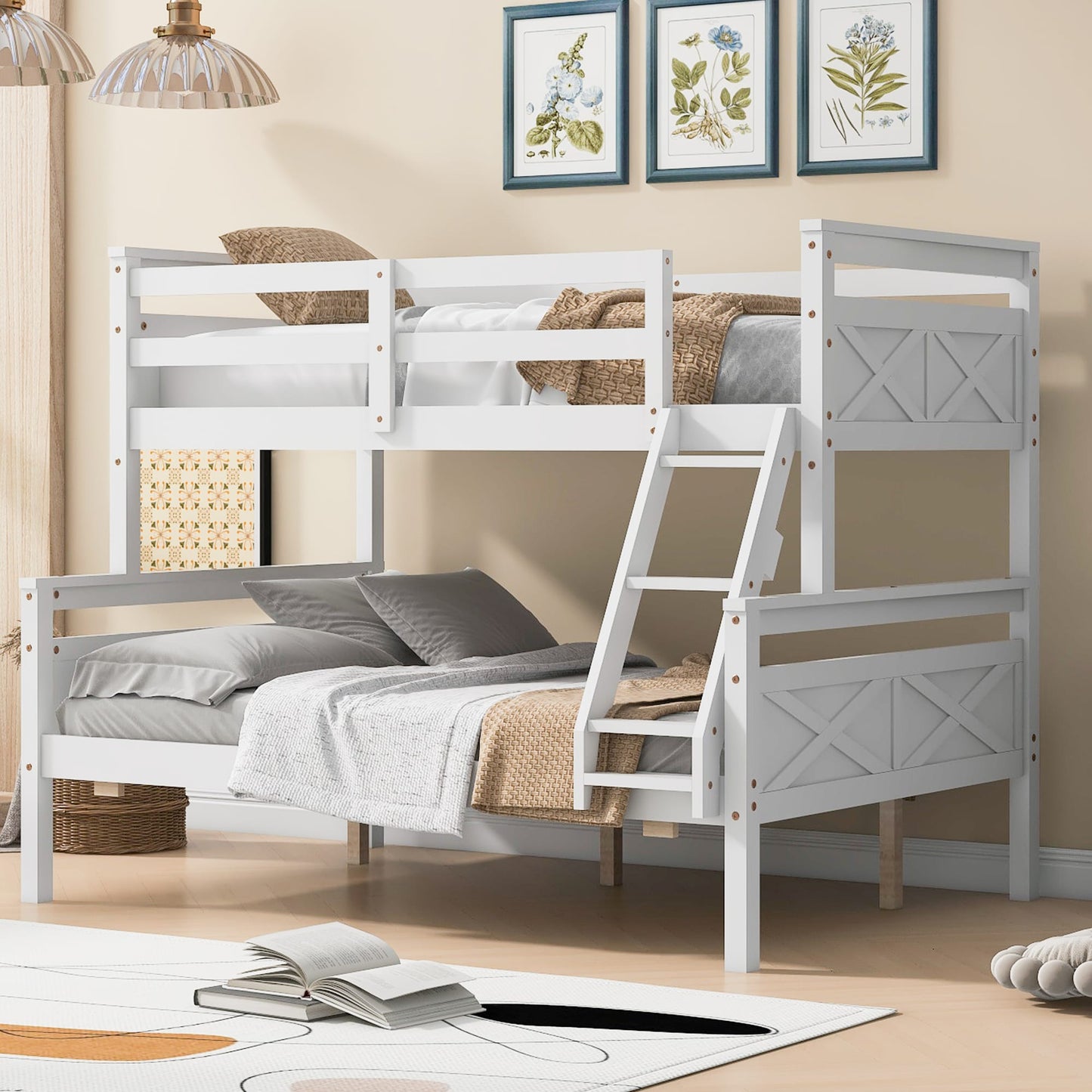LOVMOR Twin over Full Bunk Bed with ladder Safety Guardrail Perfect for Bedroom White