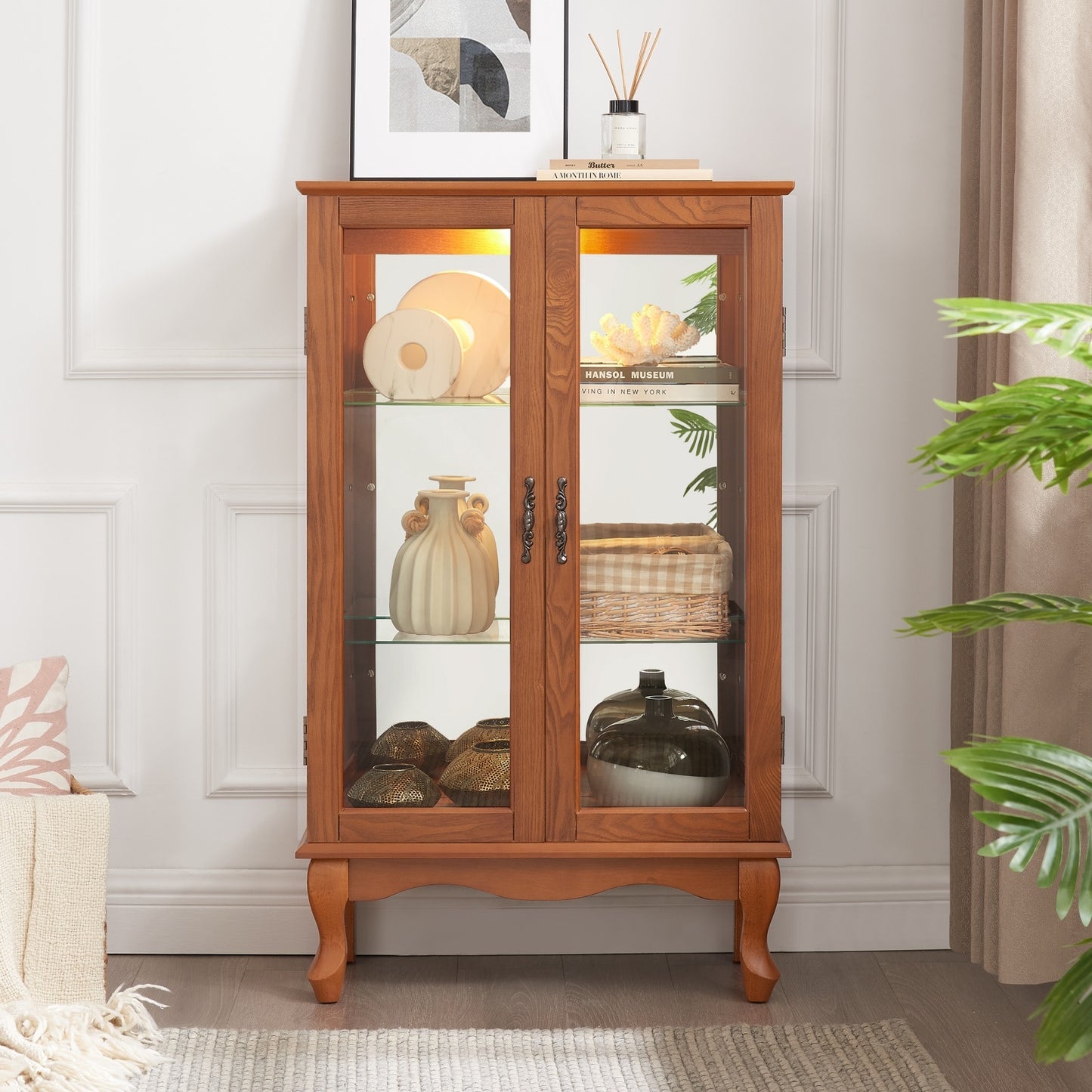 GlasFlength Corner Curio Display Cabinet with Adjustable Shelves Freestanding Display Storage Organizer with Double Doors for Living Room Dark Oak
