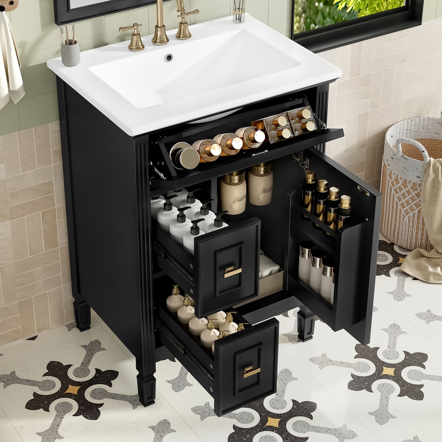 ModernLuxe 24-Inch Bathroom Vanity with Sink Solid Wood and MDF Cabinet with One Flip Drawer Two Standard Drawers and Adjustable Shelf Freestanding Black Vanity for Bathroom Storage