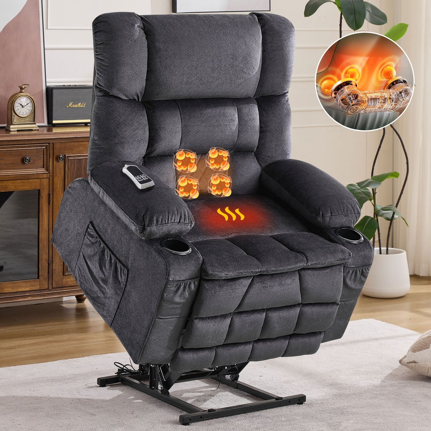 LOVMOR Dual Motor Large Power Lift Recliner Chair for Elderly Lay Flat Lift Chair with knead the waist and heat Big Lift Recliner for Tall People Cup Holders GREY