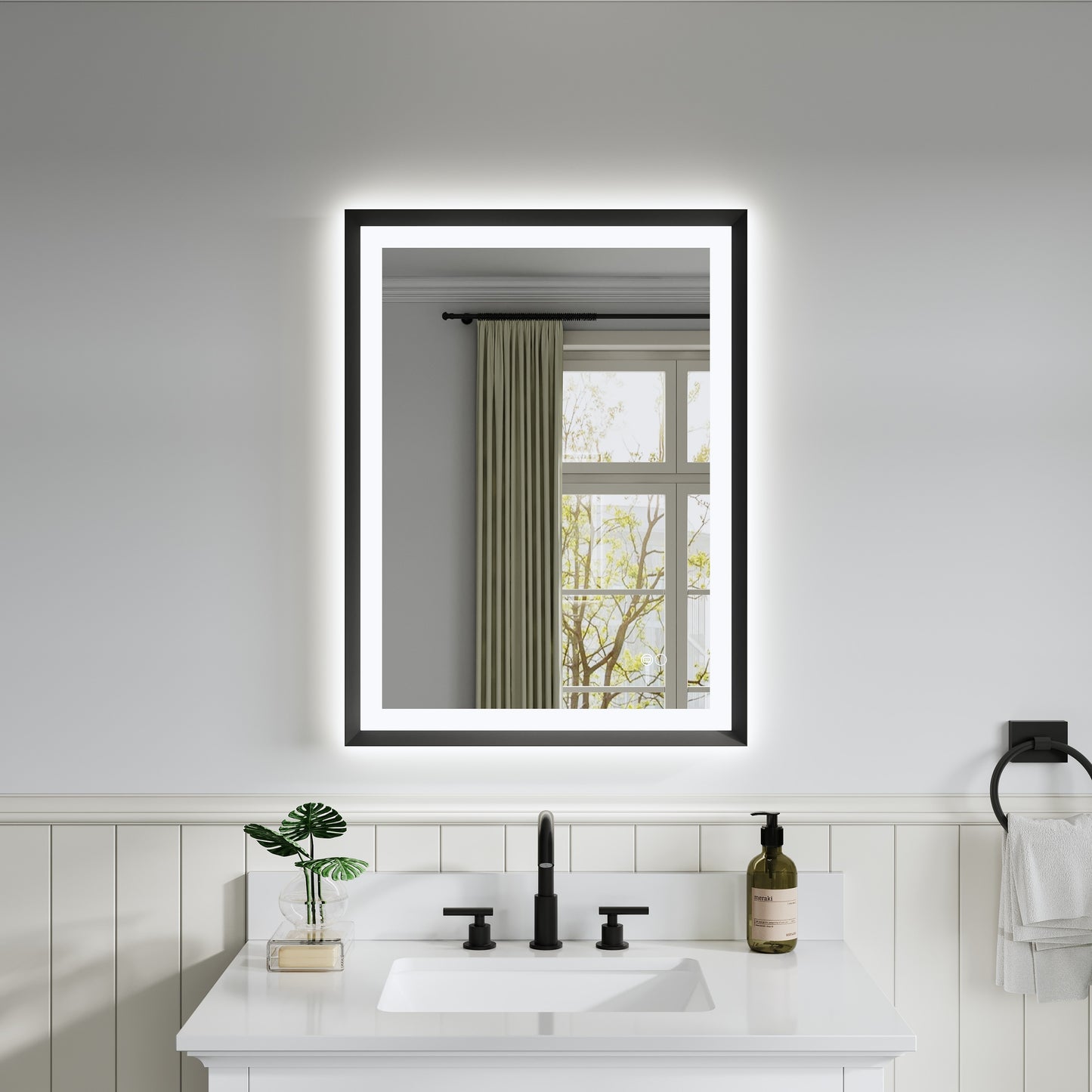 CALVON Liora Framed LED Mirror 24-in x 32-in Framed Rectangle Dimmable LED Lighted Fog Free Bathroom Vanity Mirror ( Black )