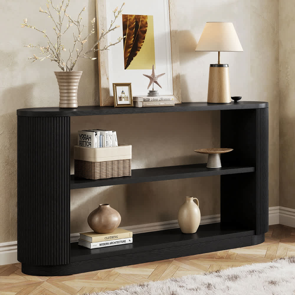 Coolbibila Black Wood Narrow Entryway Table with Storage Curved Fluted Slim Console for Hallway or Living Room