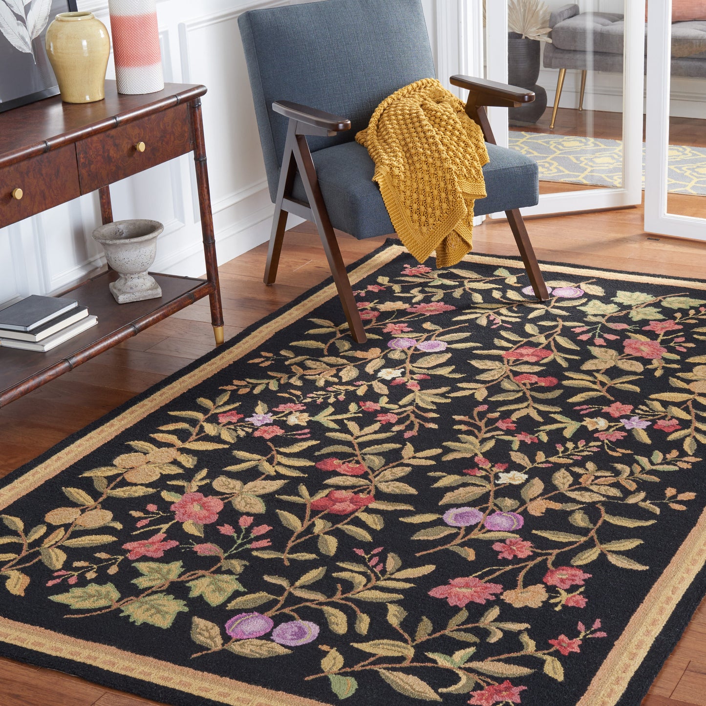 Safavieh Hk210 Black Country Floral 5ft-3in x 8ft-3in Medium Rectangle Rug
