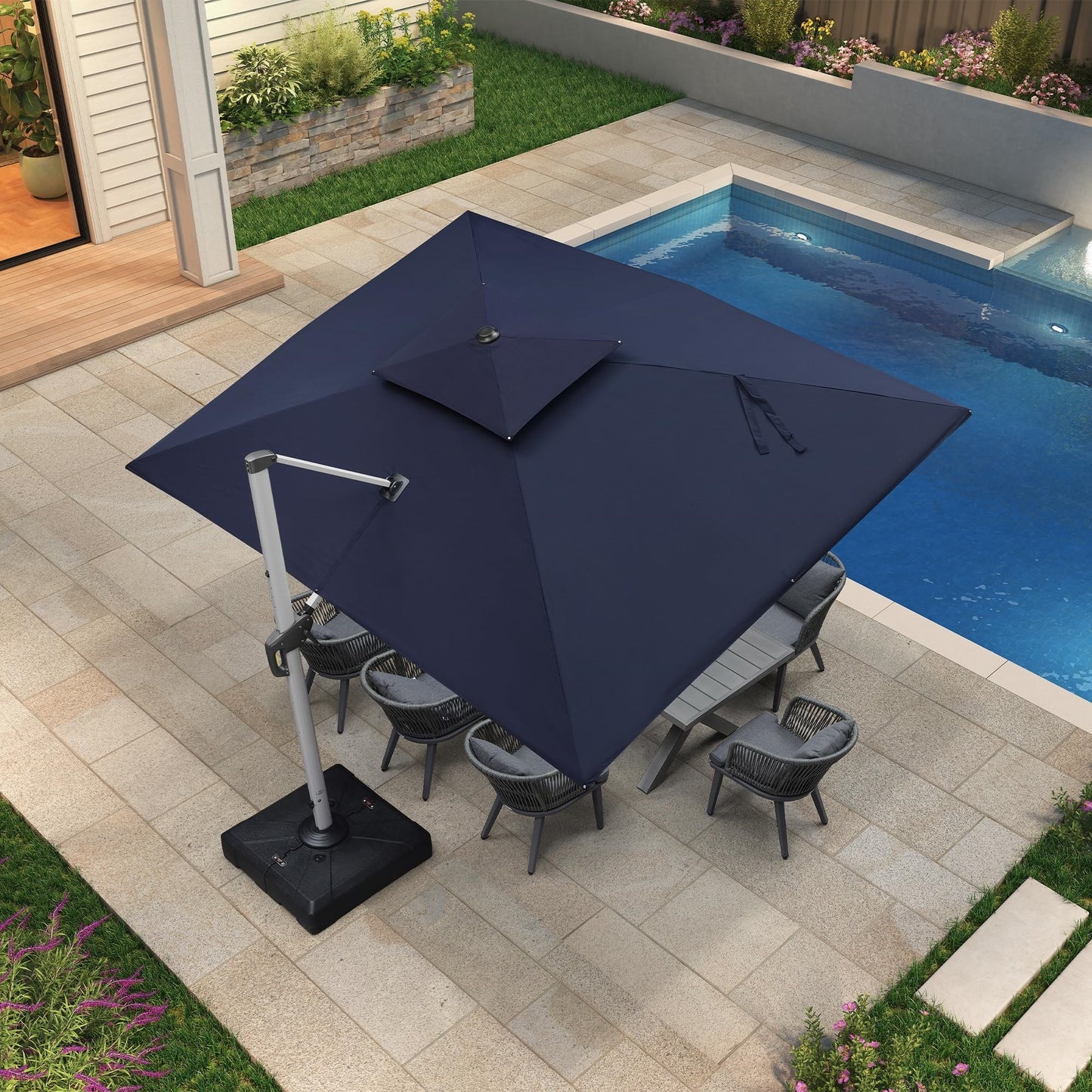 PURPLE LEAF 9-ft Aluminum Navy Crank Cantilever Patio Umbrella with Base
