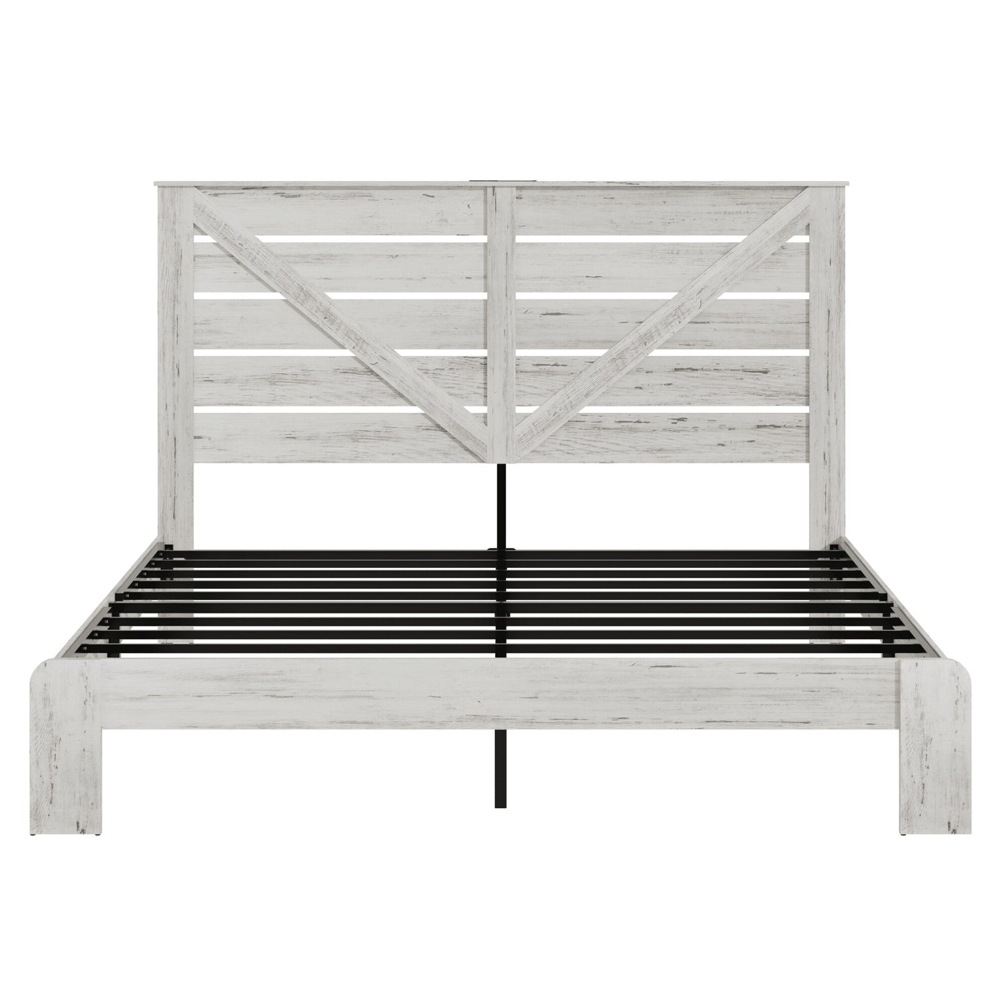 Vynxaria King Size Bed Frame With Headboard White Industrial Style Heavy Duty Steel 800 Lbs Noise Free No Box Spring Needed