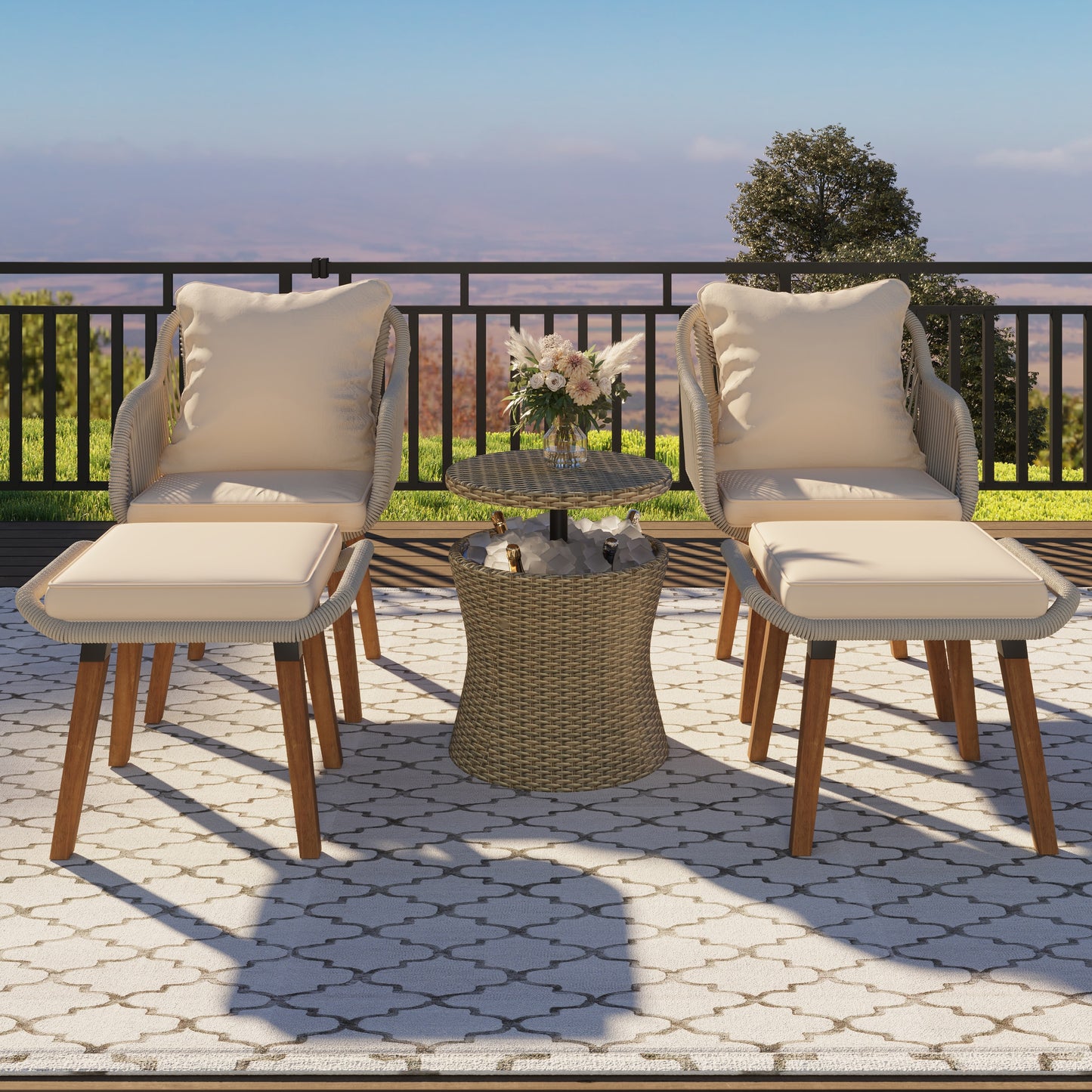 Moda Furnishings Giga 5 -Piece Woven Patio Conversation Set with Beige GIGA Cushions