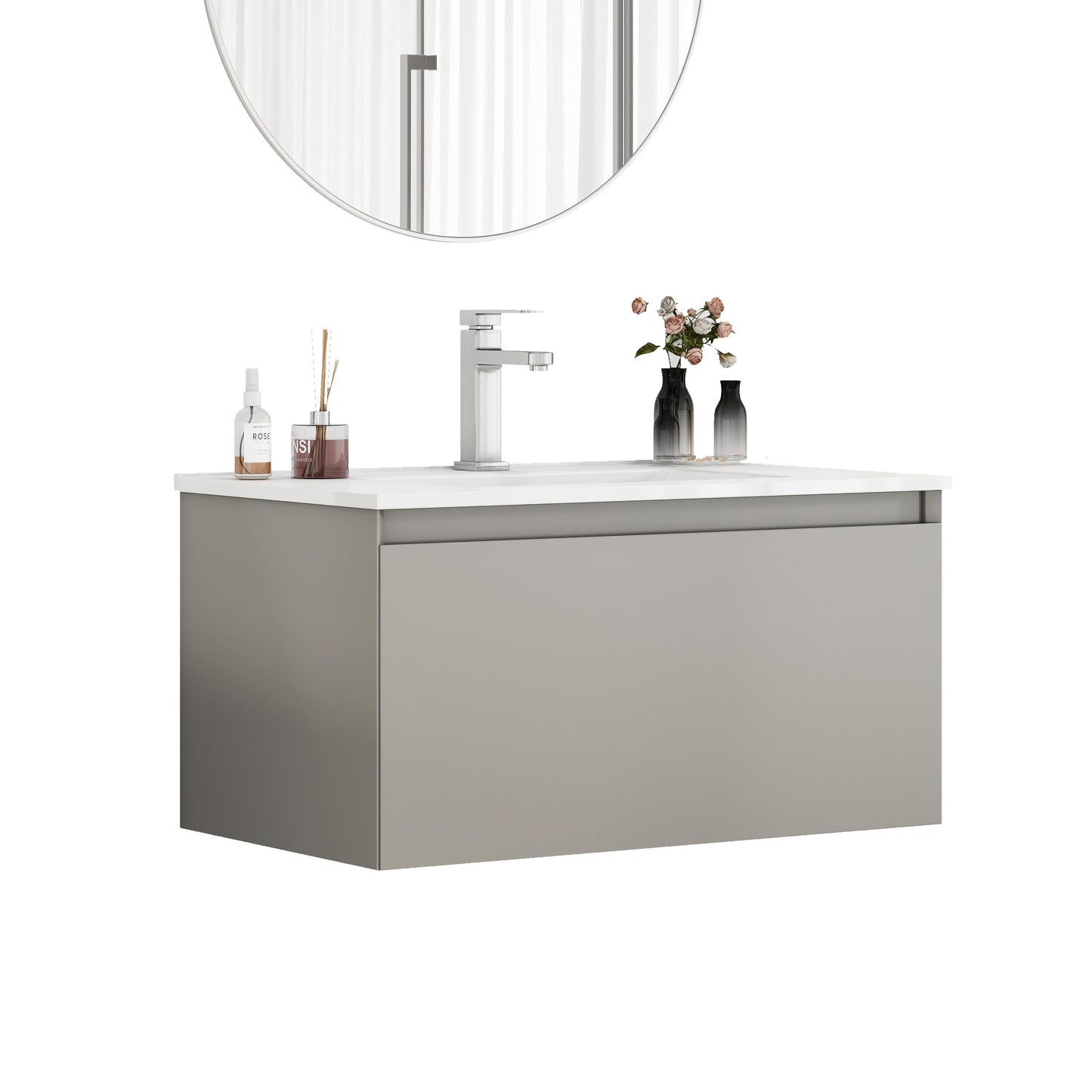 Vynxaria 32 in 1 Sink Wall-Mounted Vanity Mocha Gray Bath Vanity with White Ceramic Top 1 Big Soft-Close Drawer Handle-Free