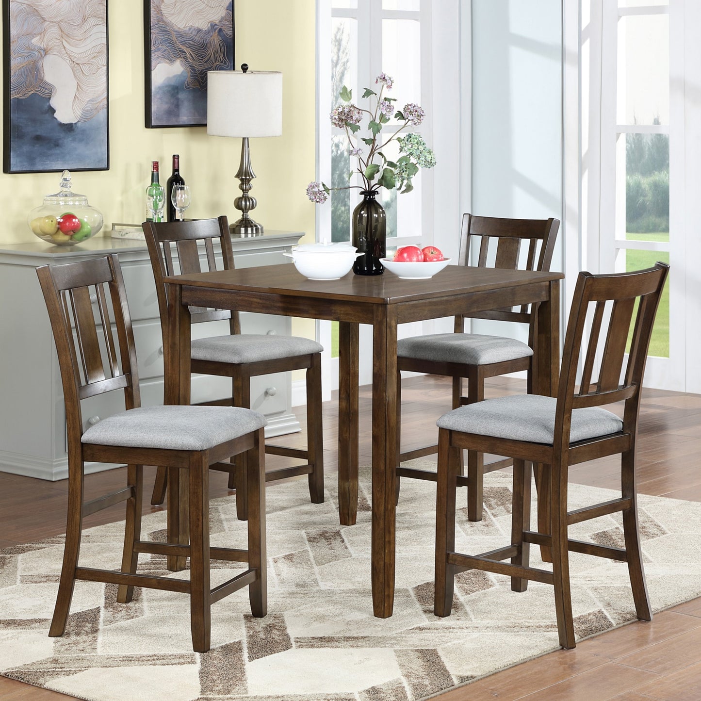 GlasFlength Wooden Counter Height Dining Set with Square Table and Upholstered X Back Chairs for Contemporary Home Kitchen and Dining Rooms Walnut designed for stylish family meals