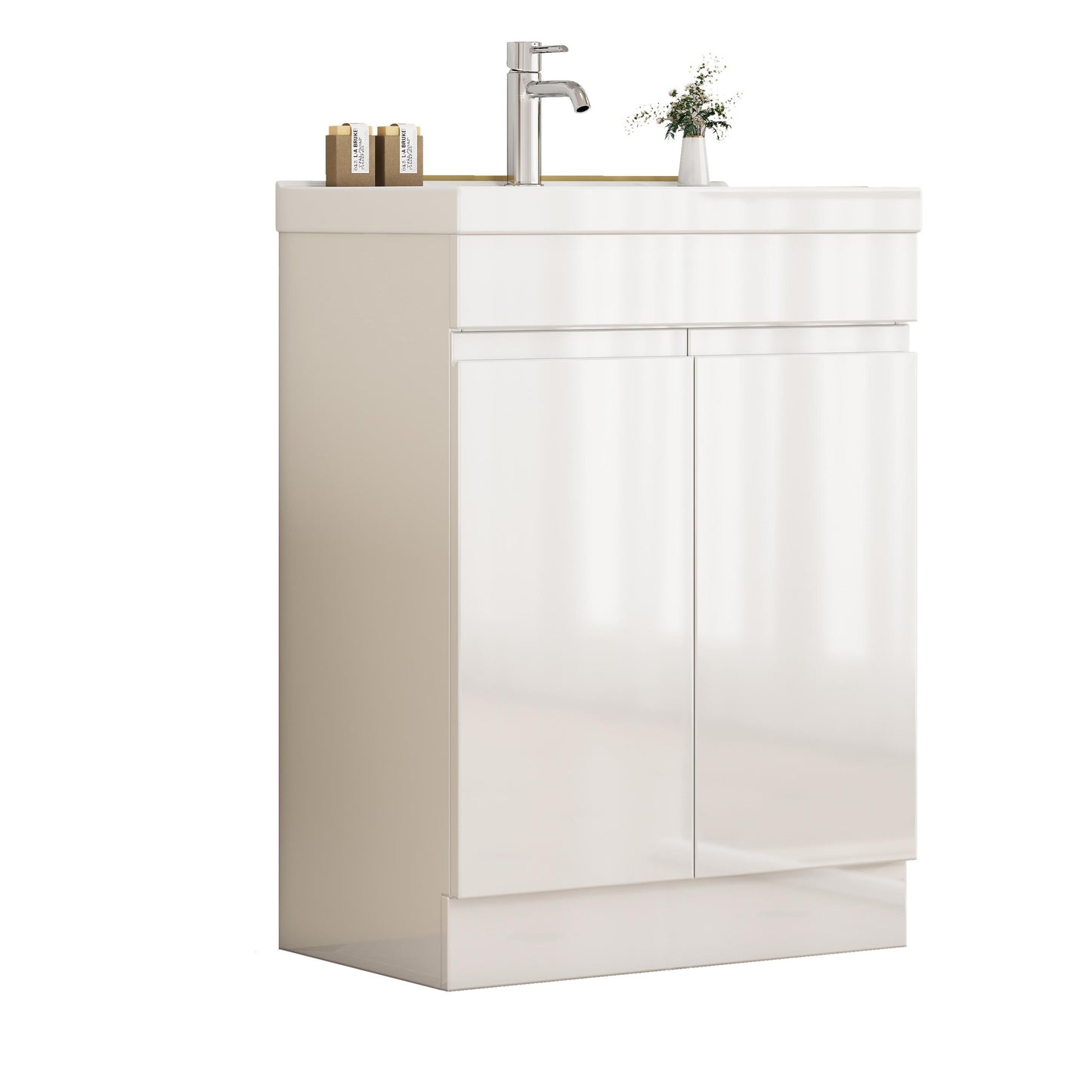 Vynxaria 24 in 1 Sink Bathroom Vanity Glossy White Bath Vanity with White Ceramic Top 2 Soft-Close Doors Handle-Free