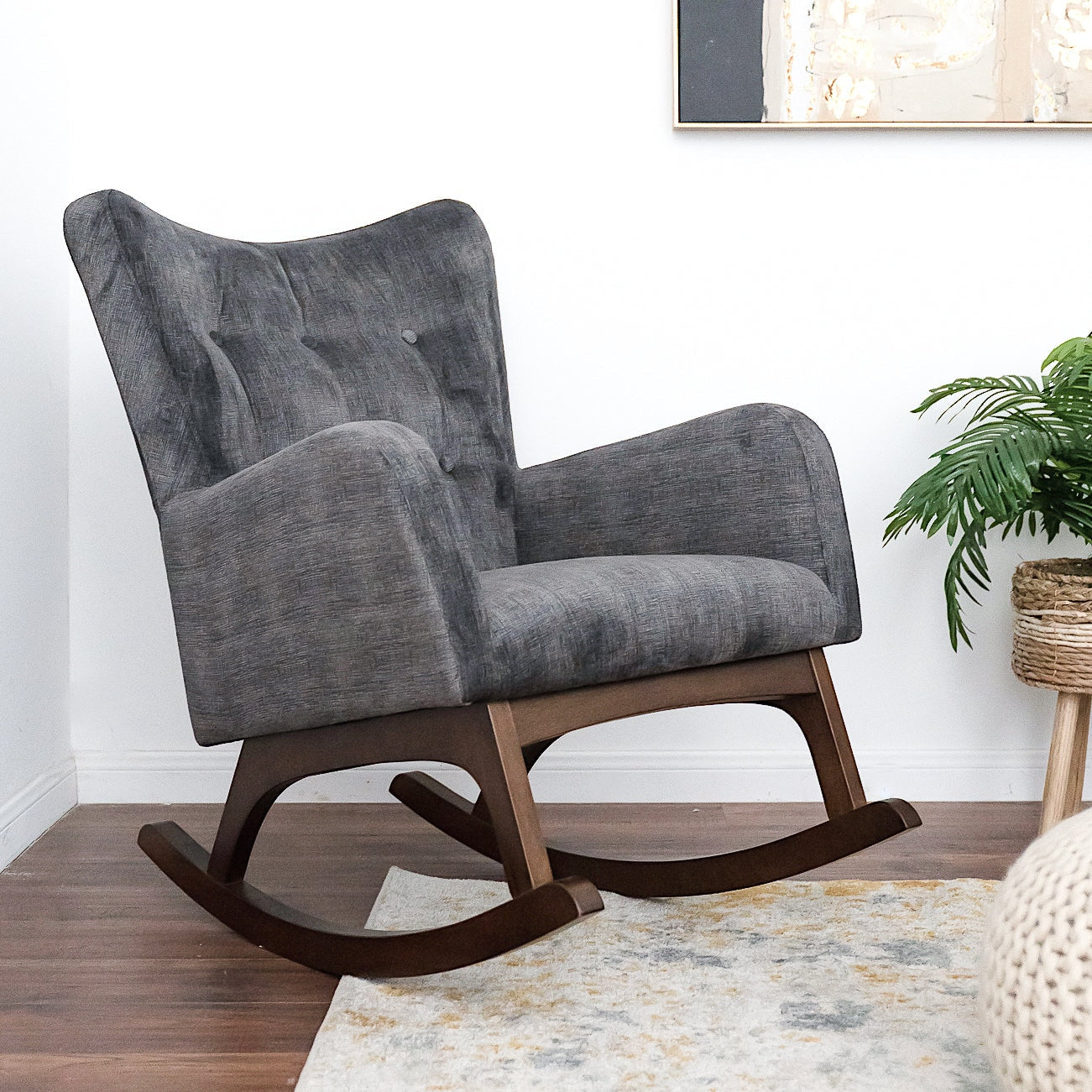 GDFStudio Alistair Solid Wood Rocking Chair with Stain-Resistant Fabric-Brown and Dark Gray