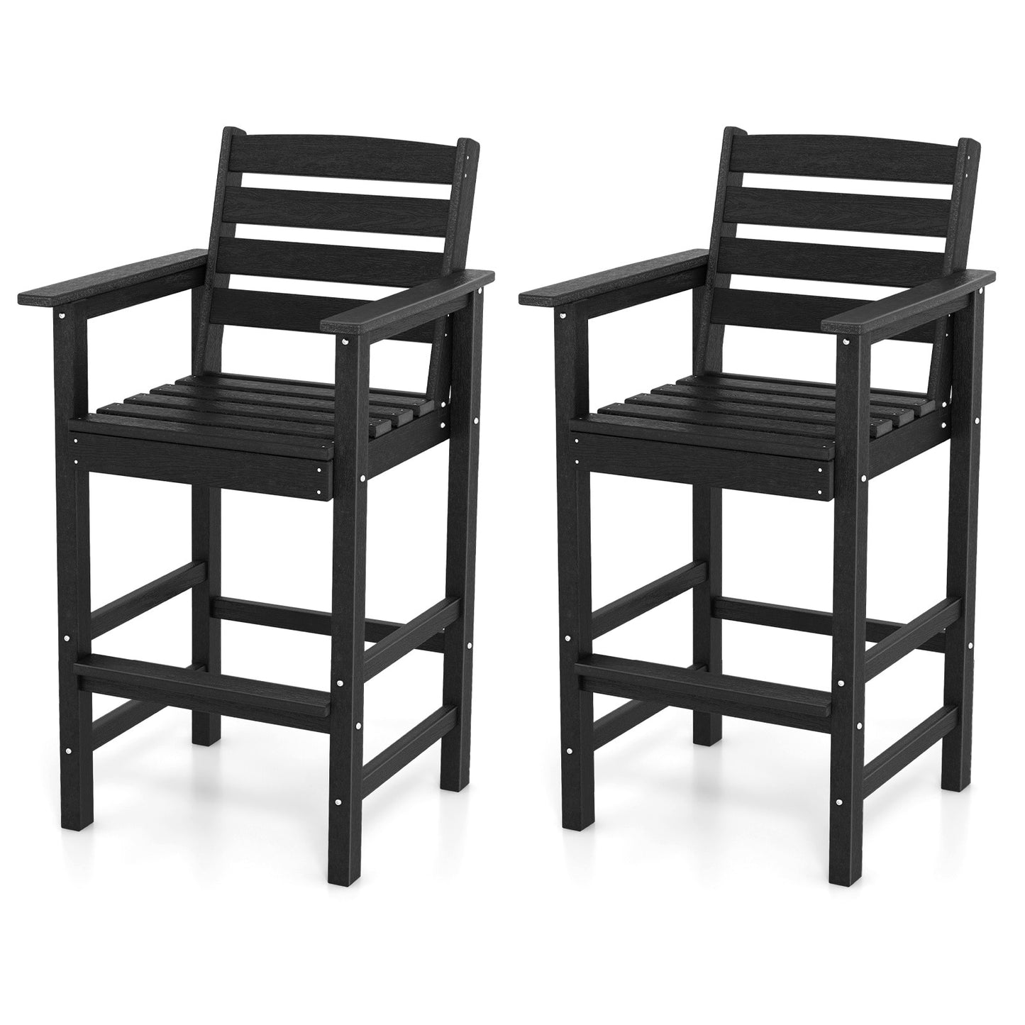 Slickblue Set of 2 Adirondack Patio Bar Chair - 29H-in. Bar Height HDPE Slatted Seat and High Back Bar Stool with Arms and Back – Faux Wood Texture for Patio Garden Deck or Poolside - Brown/Black/Gray/Navy