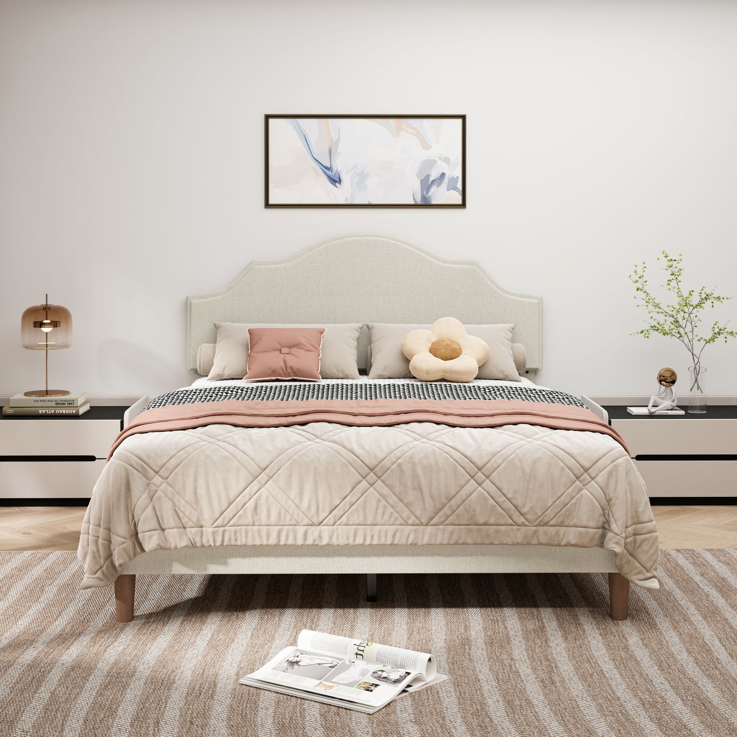 LOVMOR Queen Size Upholstered Platform Bed Adjustable Headboard Linen Fabric Beige No Box Spring