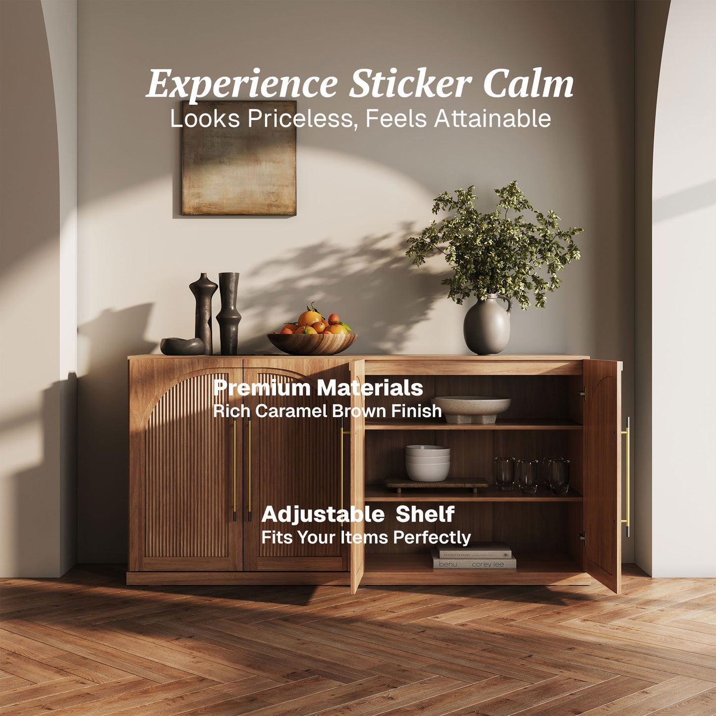 Belleze Camel 65 Inch Sideboard Cabinet with Double Arc Wood Doorse and Adjustable Shelves