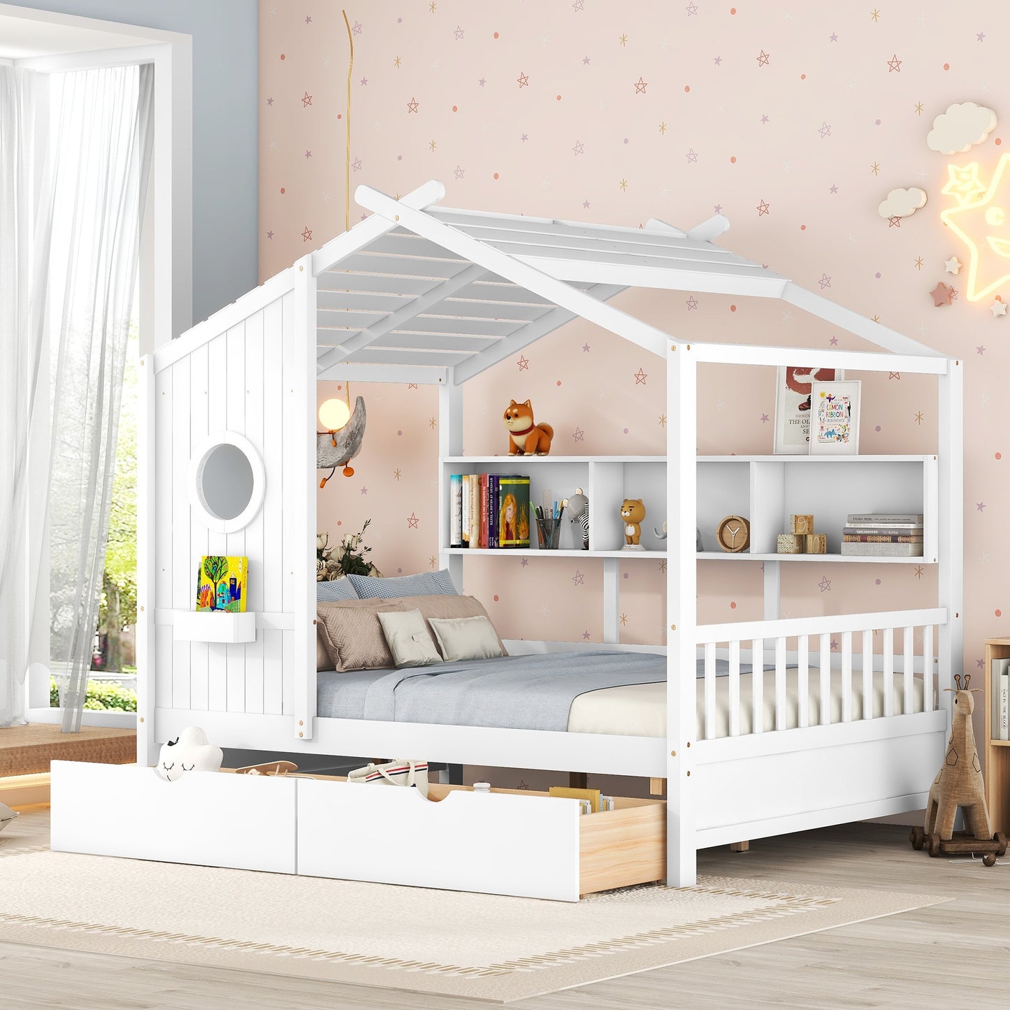 LOVMOR Wooden Full Size House Bed with 2 Drawers Kids Bed with Storage Shelf White