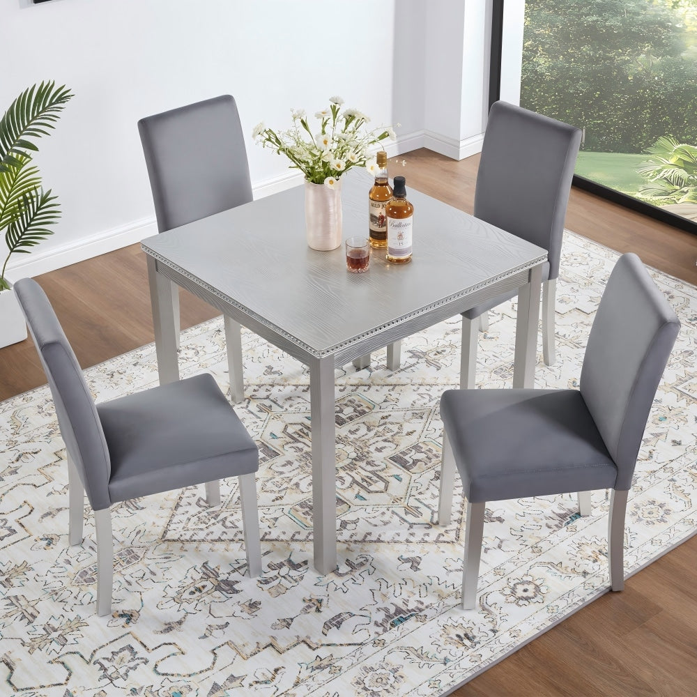 GlasFlength Five Piece Silver Grey Square Wooden Dining Table Set with Upholstered Chairs and Crystal Decoration for Kitchen and Dining Room Silver Grey creating a modern luxury kitchen dining atmosphere