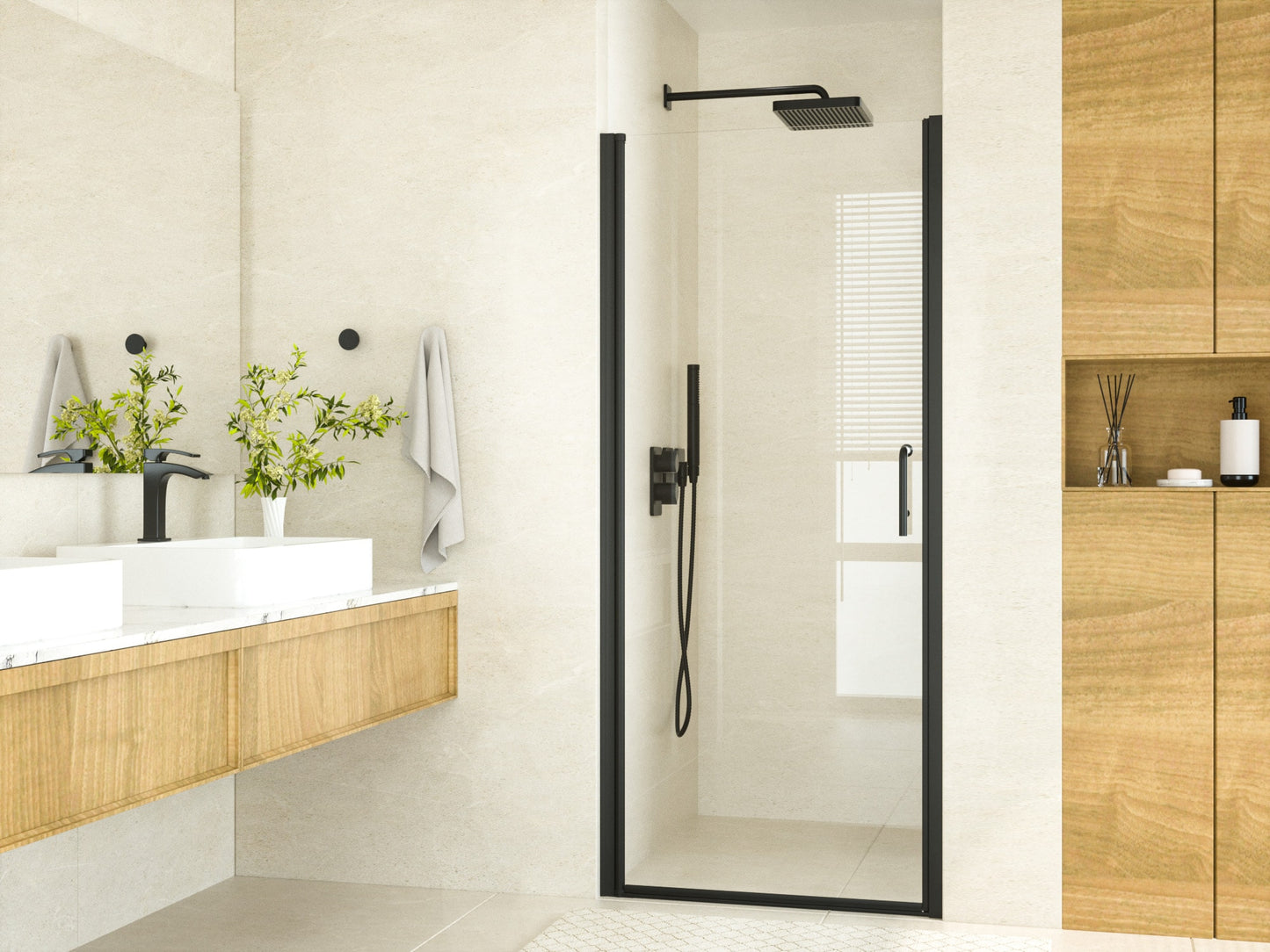 TETOTE 32-in W x 72-in Pivot Matte Black Semi-frameless Tempered Glass Shower door