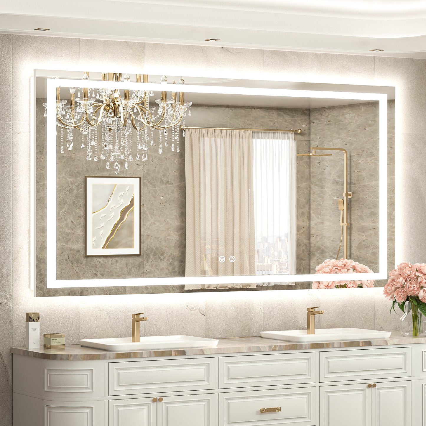 TETOTE 60x36 Inch LED Bathroom Vanity Mirror Tempered Glass Front And Backlit Dimmable 3 Color Lighted Mirror with Lights Anti-fog Memory Function Frameless