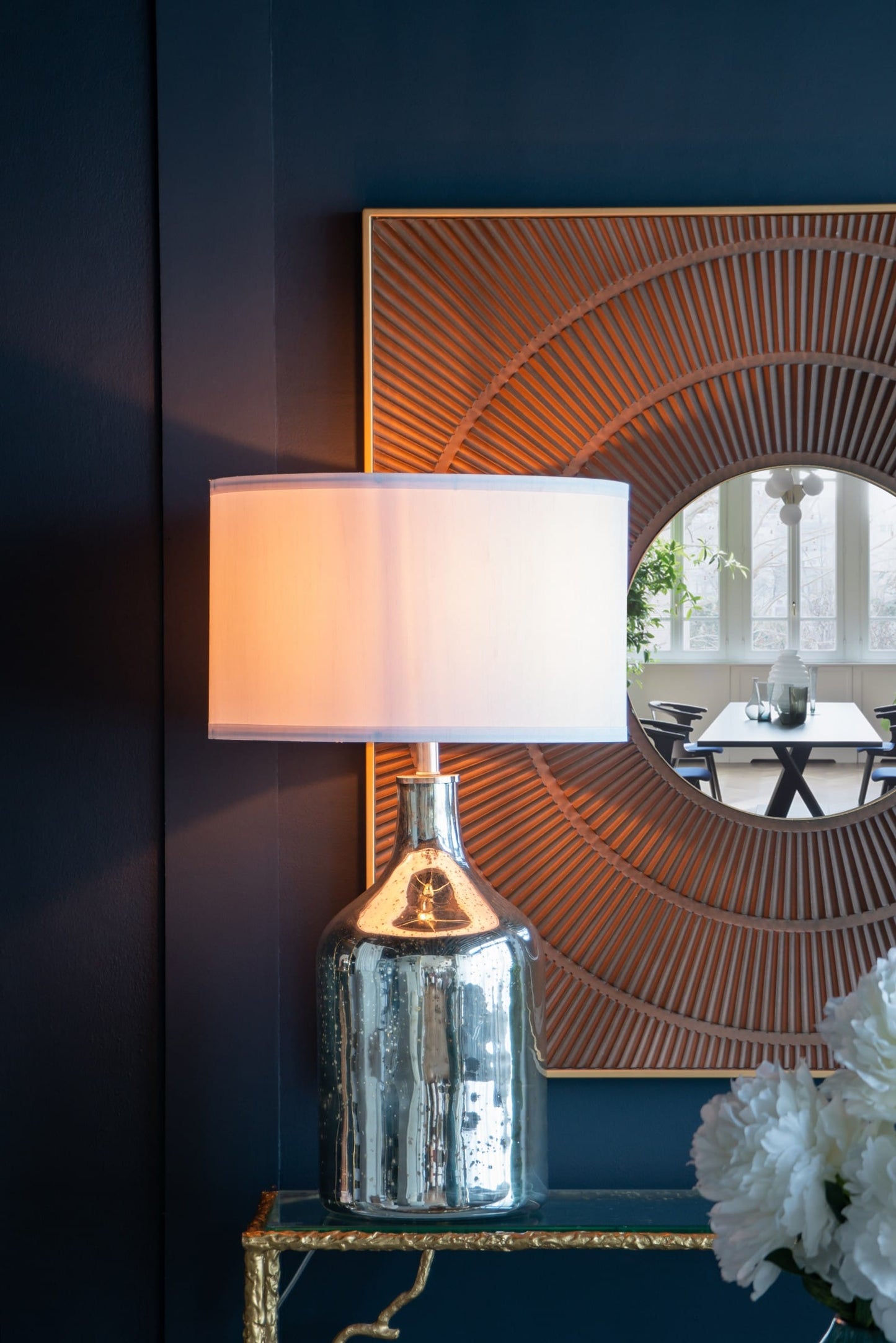 Dexmalle D18x32.2IN Silver Round Table Lamp with White Fabric Shade(Lamp Shade Assembly Required)