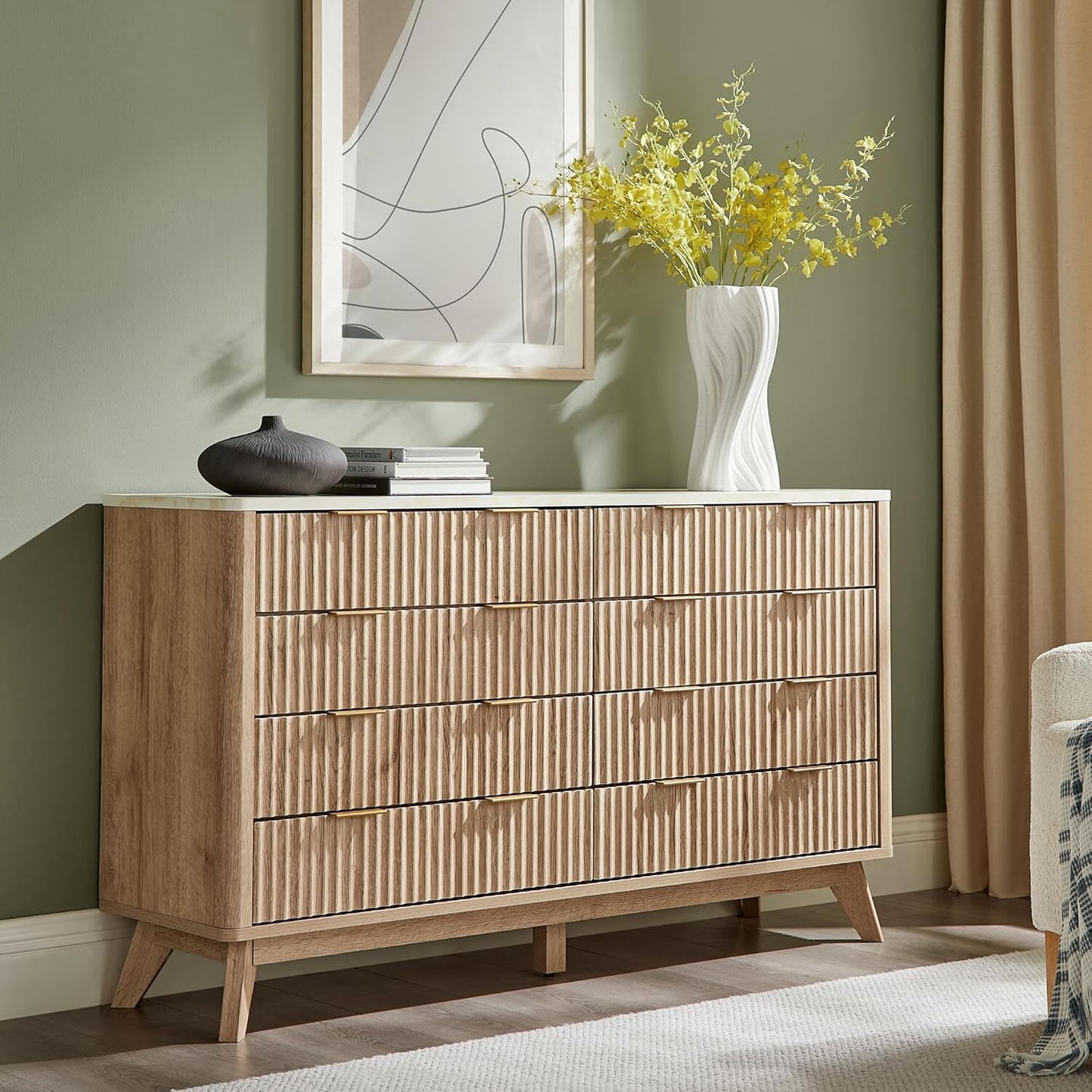 Garvee Fluted 8 Drawers Dresser 54in Wide Modern Chest of Drawers with Faux Marble Top Dresser TV Stand Wood Drawer Organizer Natural Oak