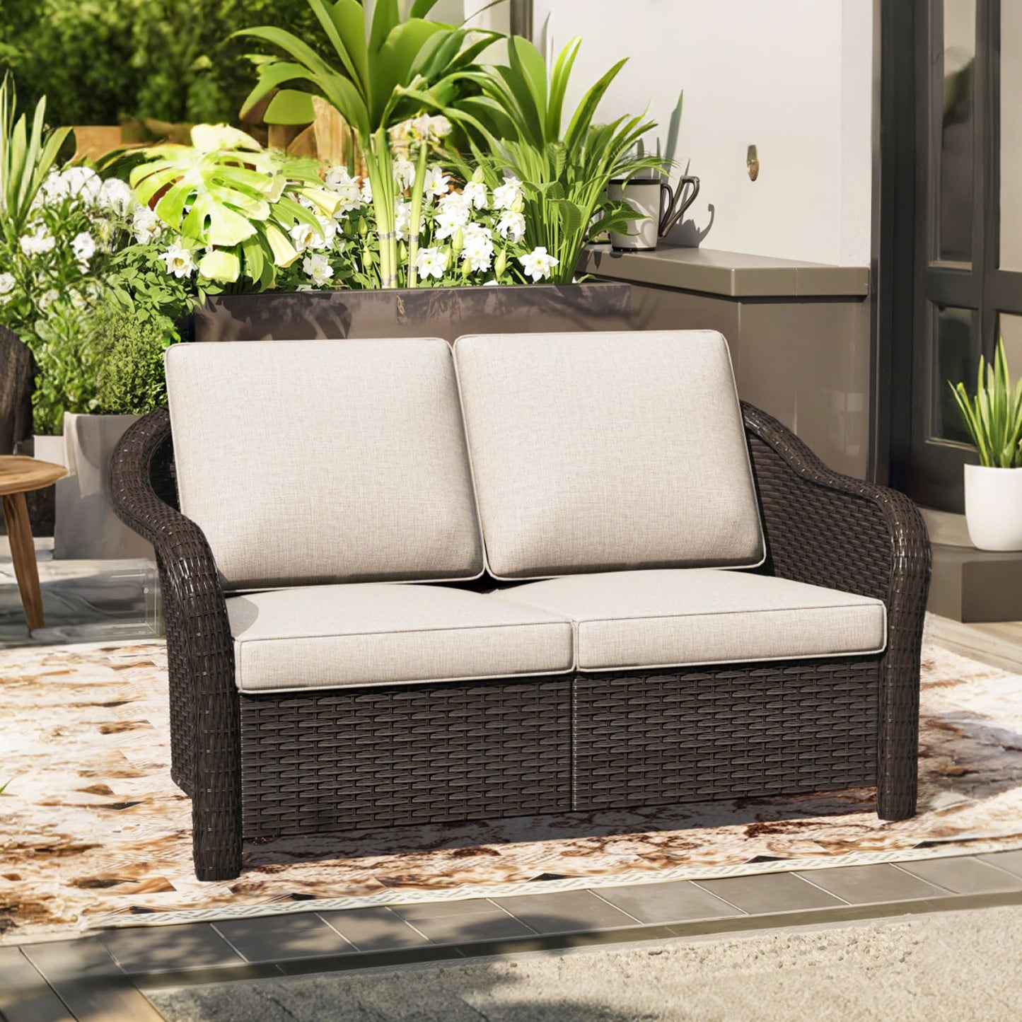 Gardenbee Rattan Outdoor Loveseat with Beige Cushions and Steel Frame