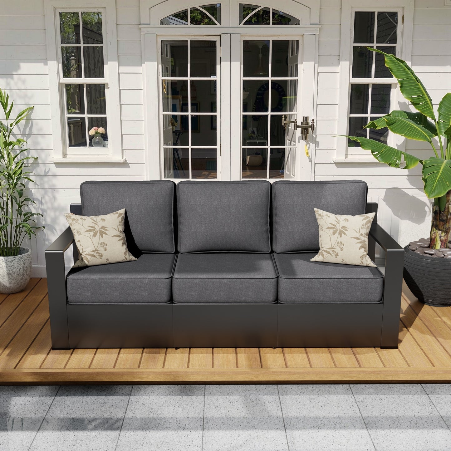 Gardenbee Rattan Outdoor Sofa with Gray Cushions and Steel Frame